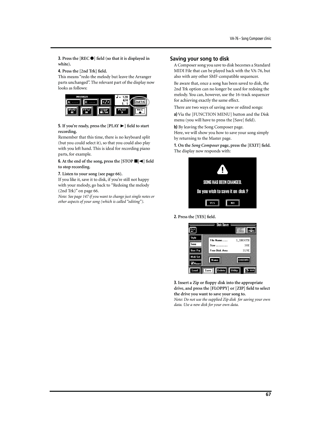 Roland VA-76 owner manual Saving your song to disk, If you’re ready, press the Play ﬁeld to start recording 