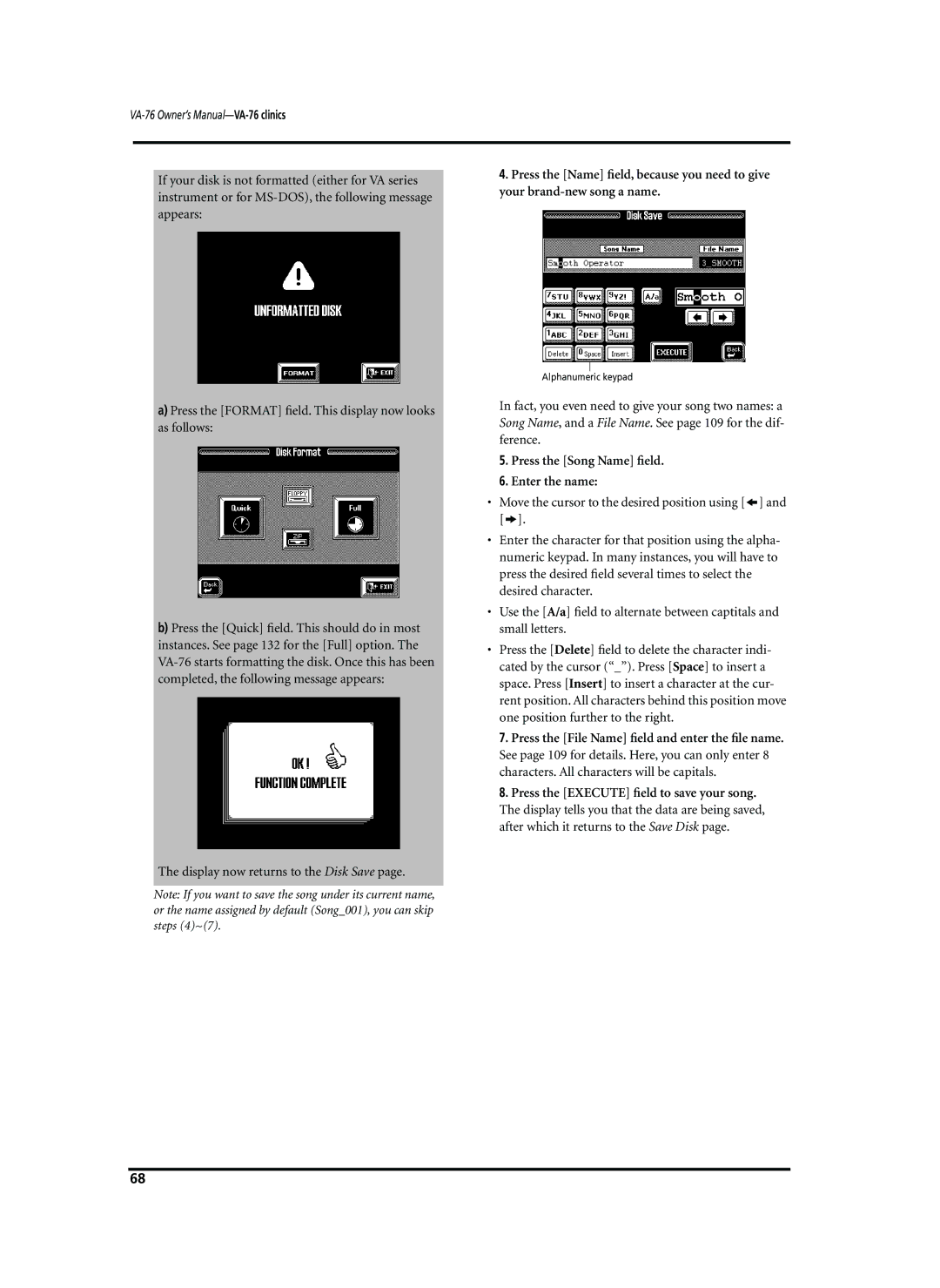 Roland VA-76 owner manual If your disk is not formatted either for VA series, Your brand-new song a name 