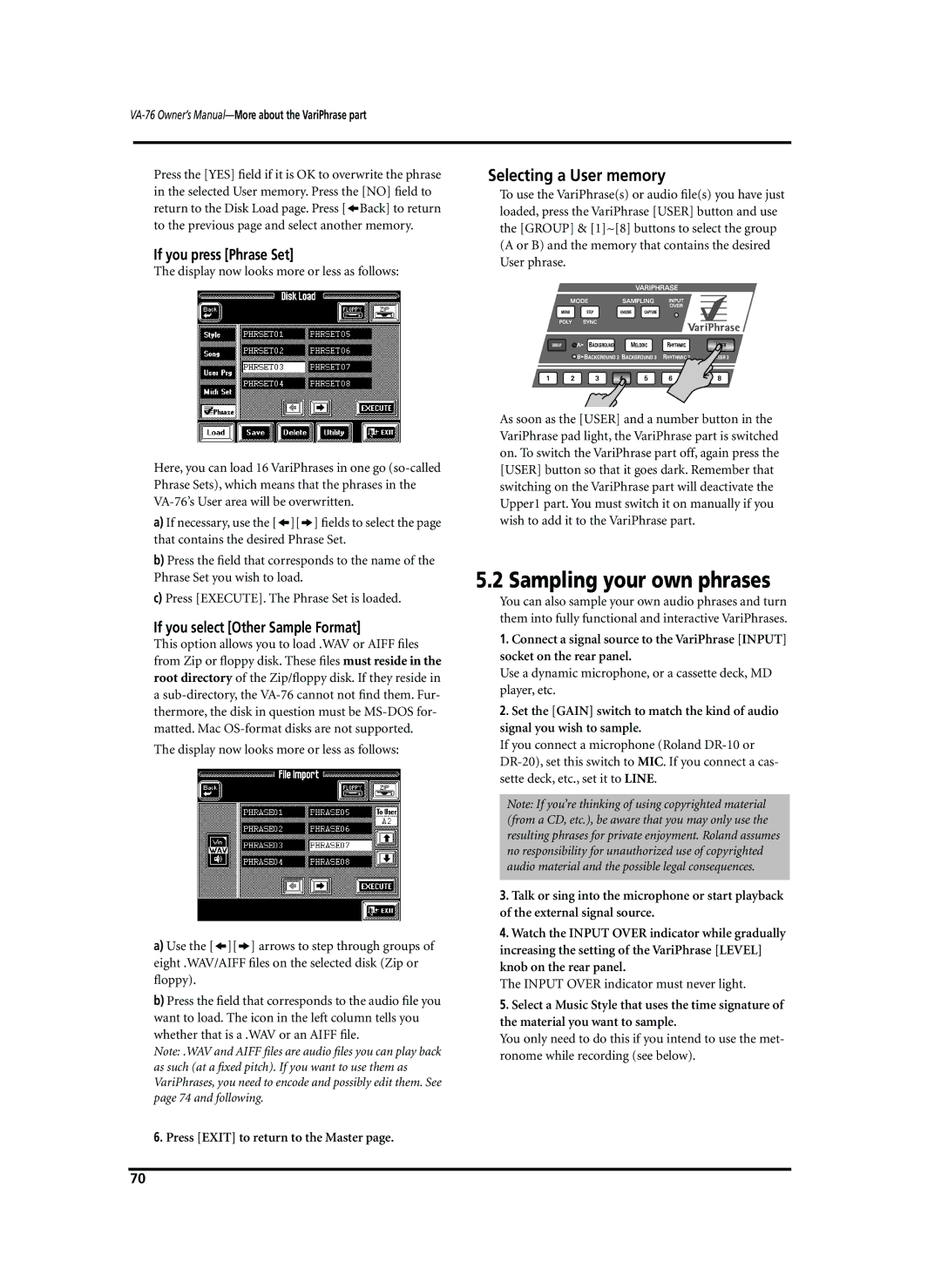 Roland VA-76 owner manual Sampling your own phrases, Selecting a User memory, If you press Phrase Set 