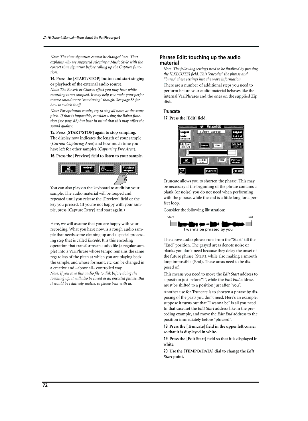 Roland VA-76 Phrase Edit touching up the audio material, Truncate, Press the Preview ﬁeld to listen to your sample 