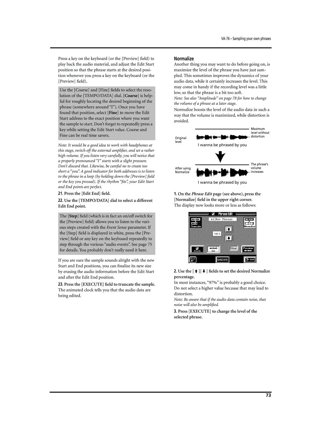 Roland VA-76 owner manual Use the im ﬁelds to set the desired Normalize percentage 