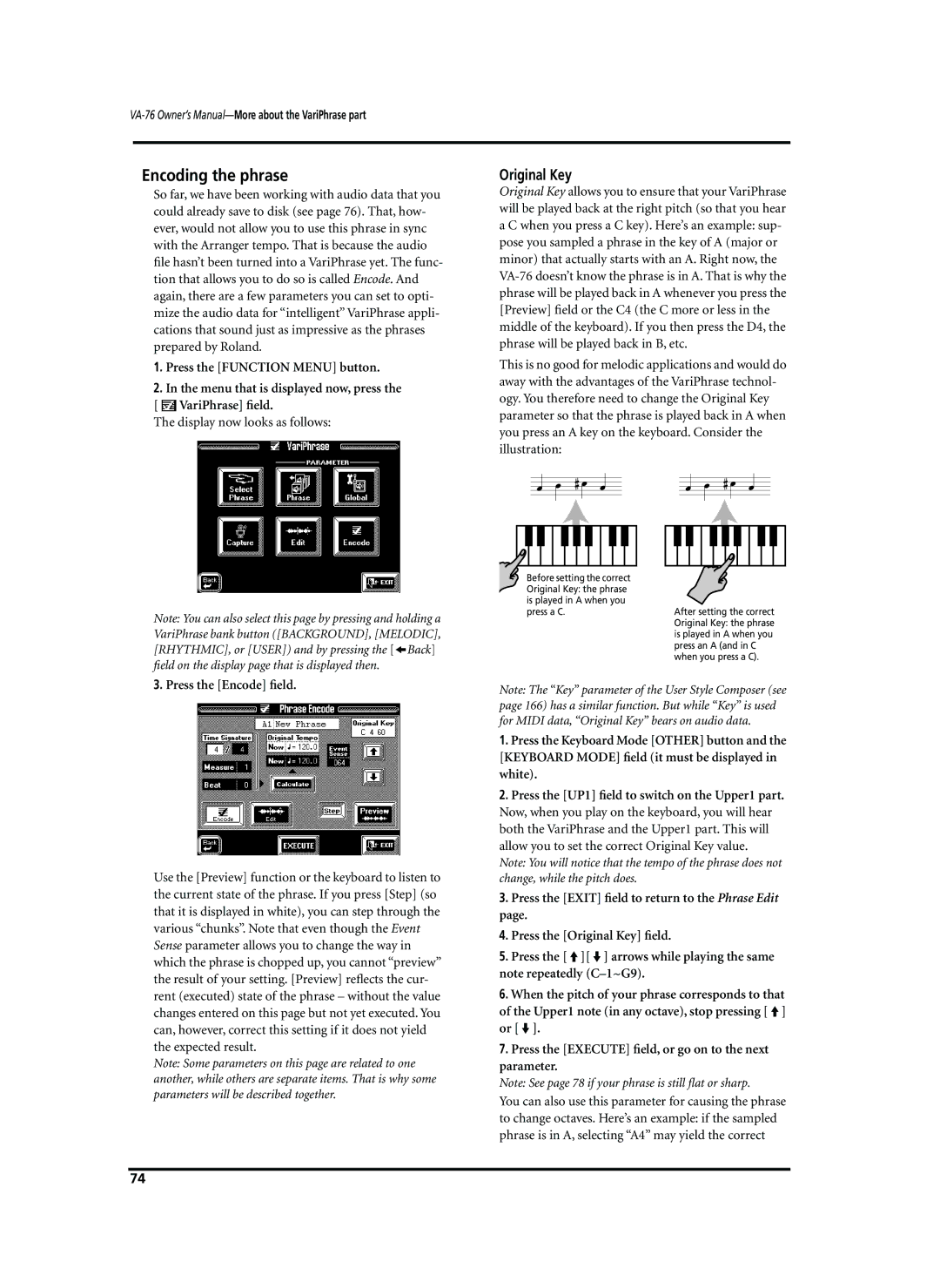 Roland VA-76 owner manual Encoding the phrase, Original Key, Press the Encode ﬁeld 