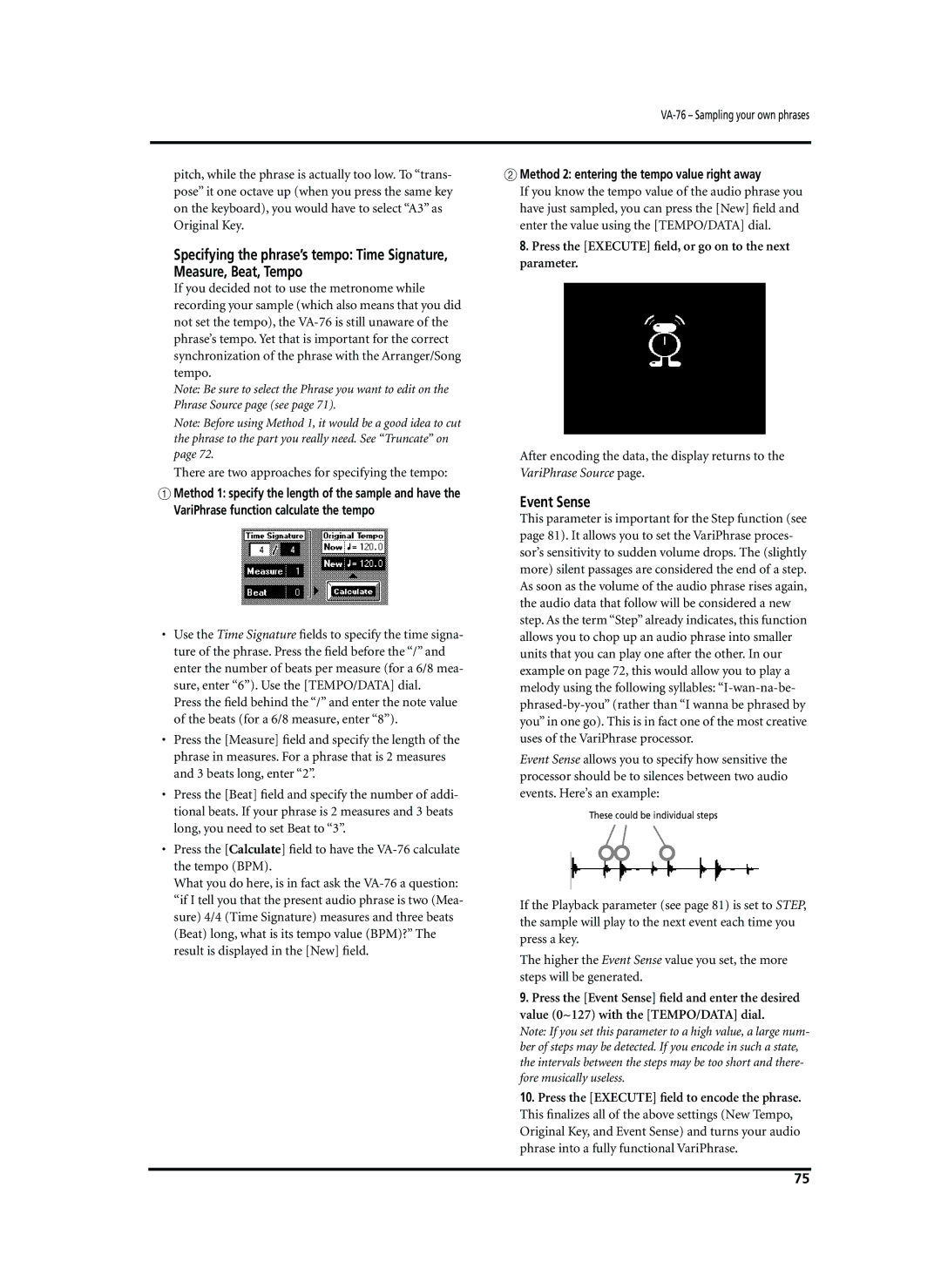 Roland VA-76 owner manual Event Sense, Method 2 entering the tempo value right away 