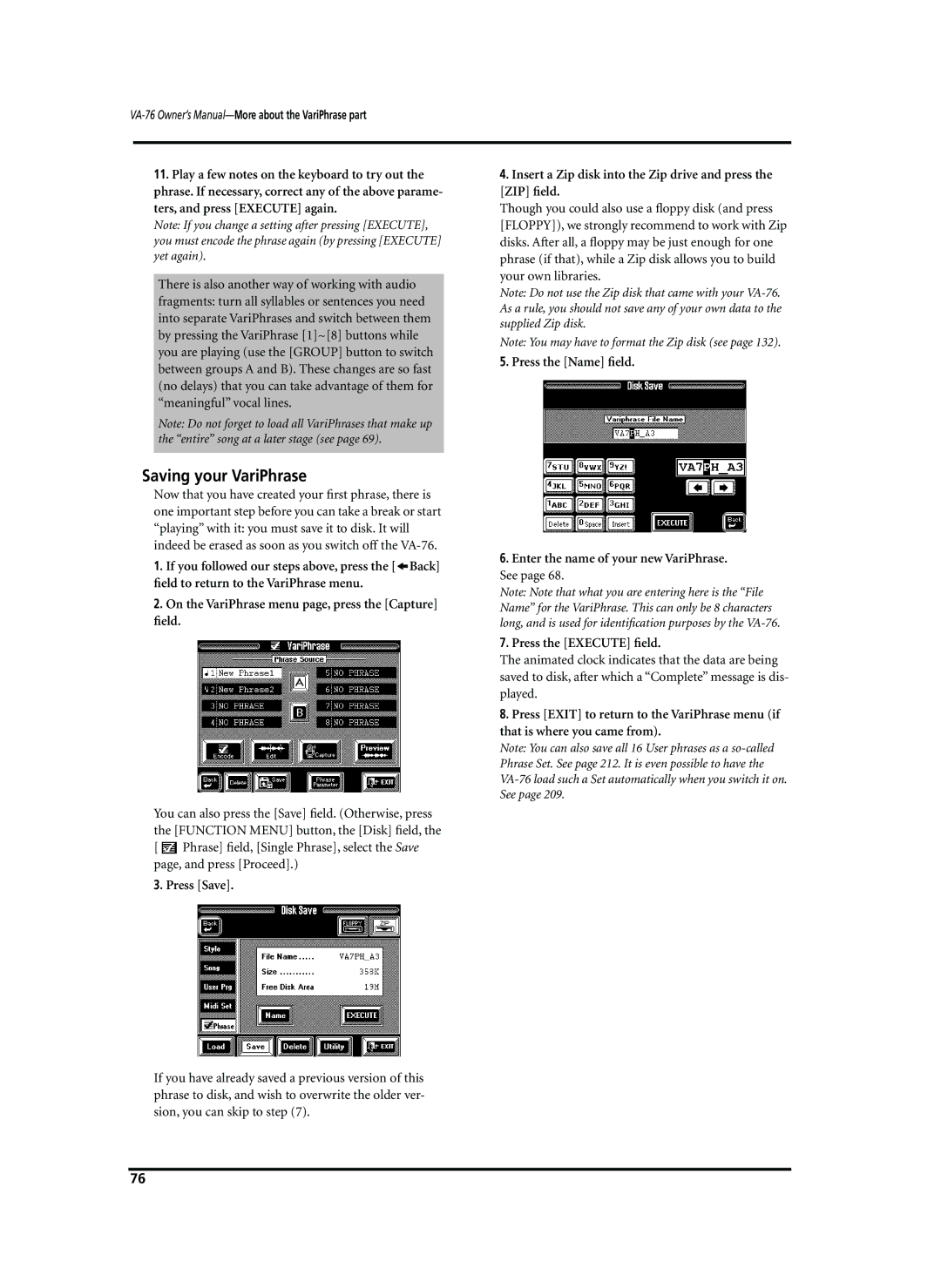 Roland VA-76 owner manual Saving your VariPhrase, Press Save, Insert a Zip disk into the Zip drive and press the ZIP ﬁeld 