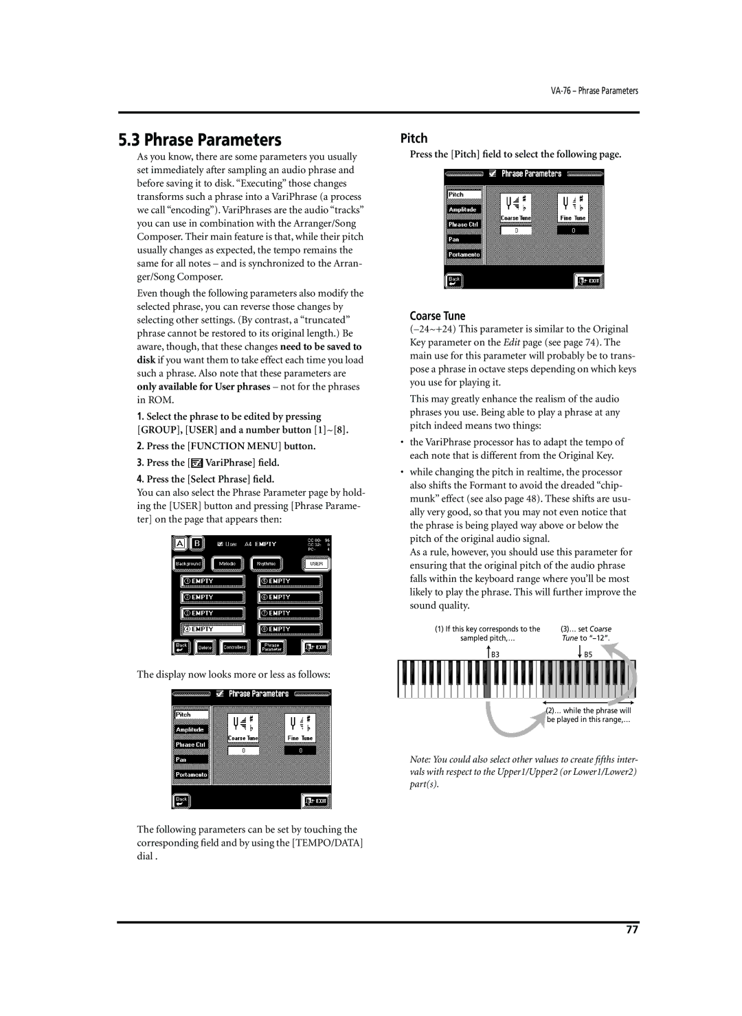 Roland VA-76 owner manual Phrase Parameters, Coarse Tune, Press the Pitch ﬁeld to select the following 