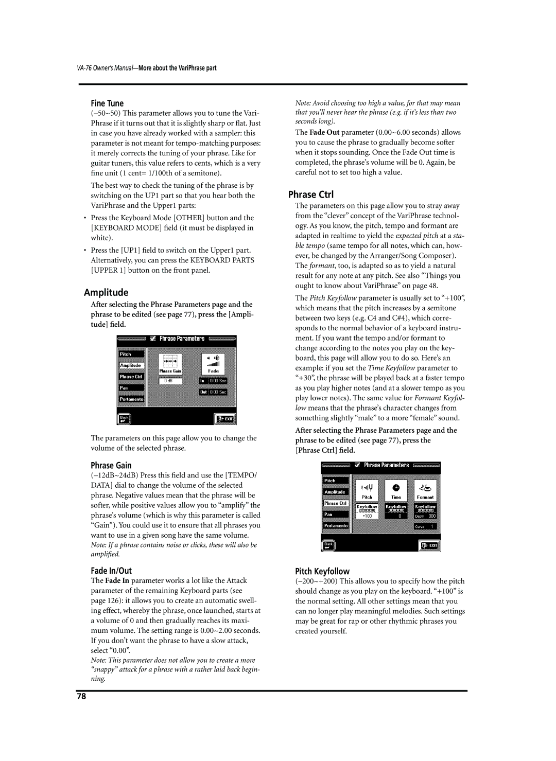 Roland VA-76 owner manual Amplitude, Phrase Ctrl 