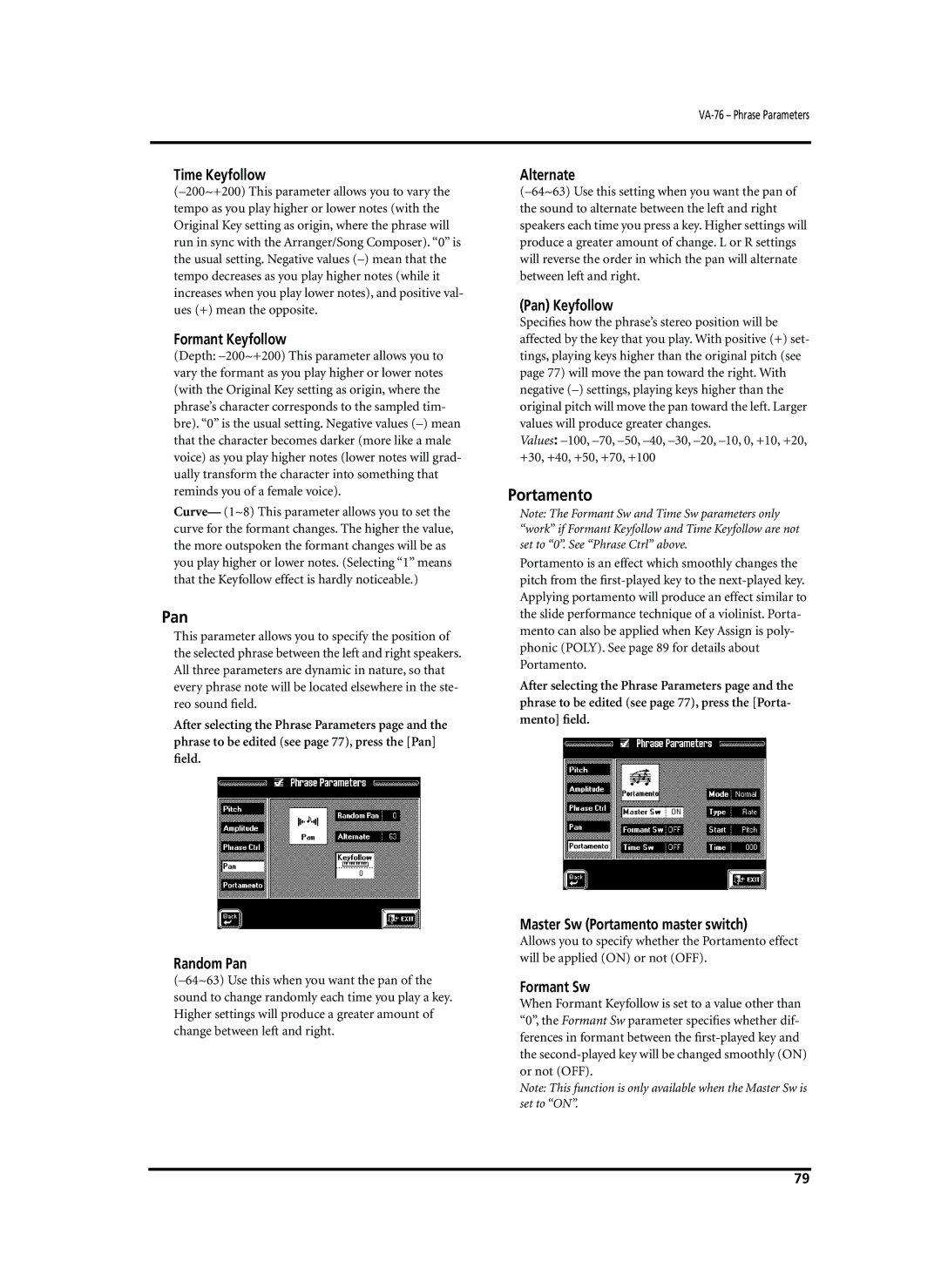 Roland VA-76 owner manual Pan, Portamento 