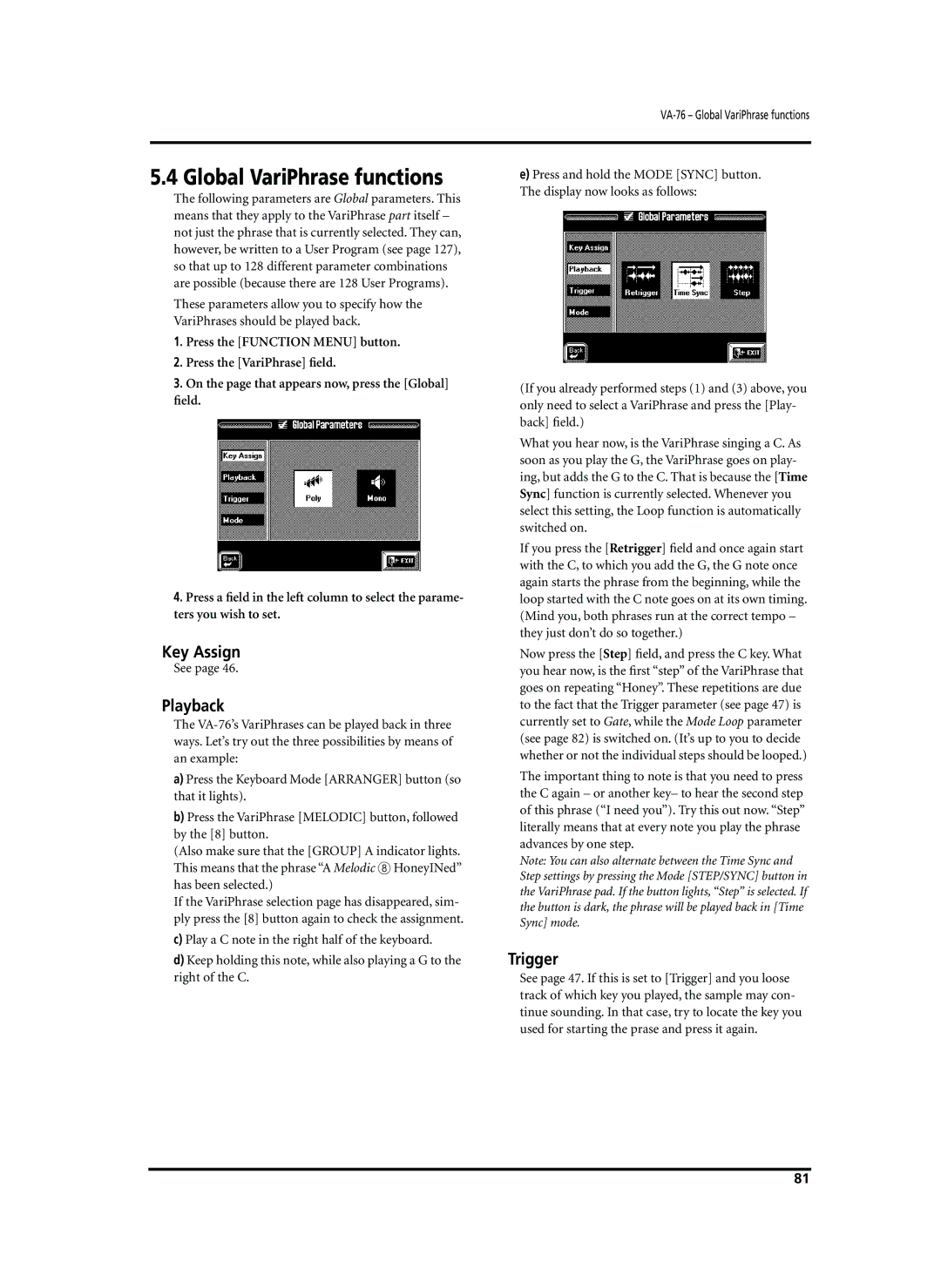 Roland VA-76 owner manual Global VariPhrase functions, Key Assign, Playback, Trigger 