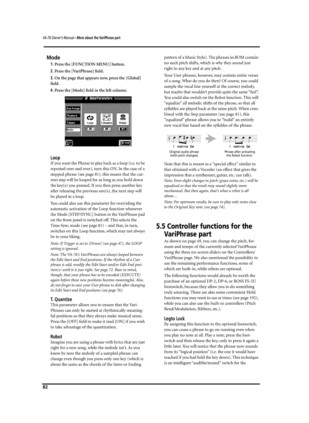 Roland VA-76 owner manual Controller functions for the VariPhrase part, Mode 