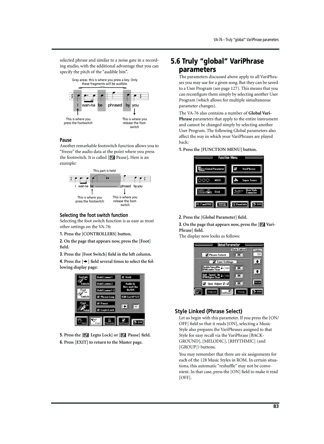 Roland VA-76 Truly global VariPhrase parameters, Style Linked Phrase Select, Pause, Selecting the foot switch function 