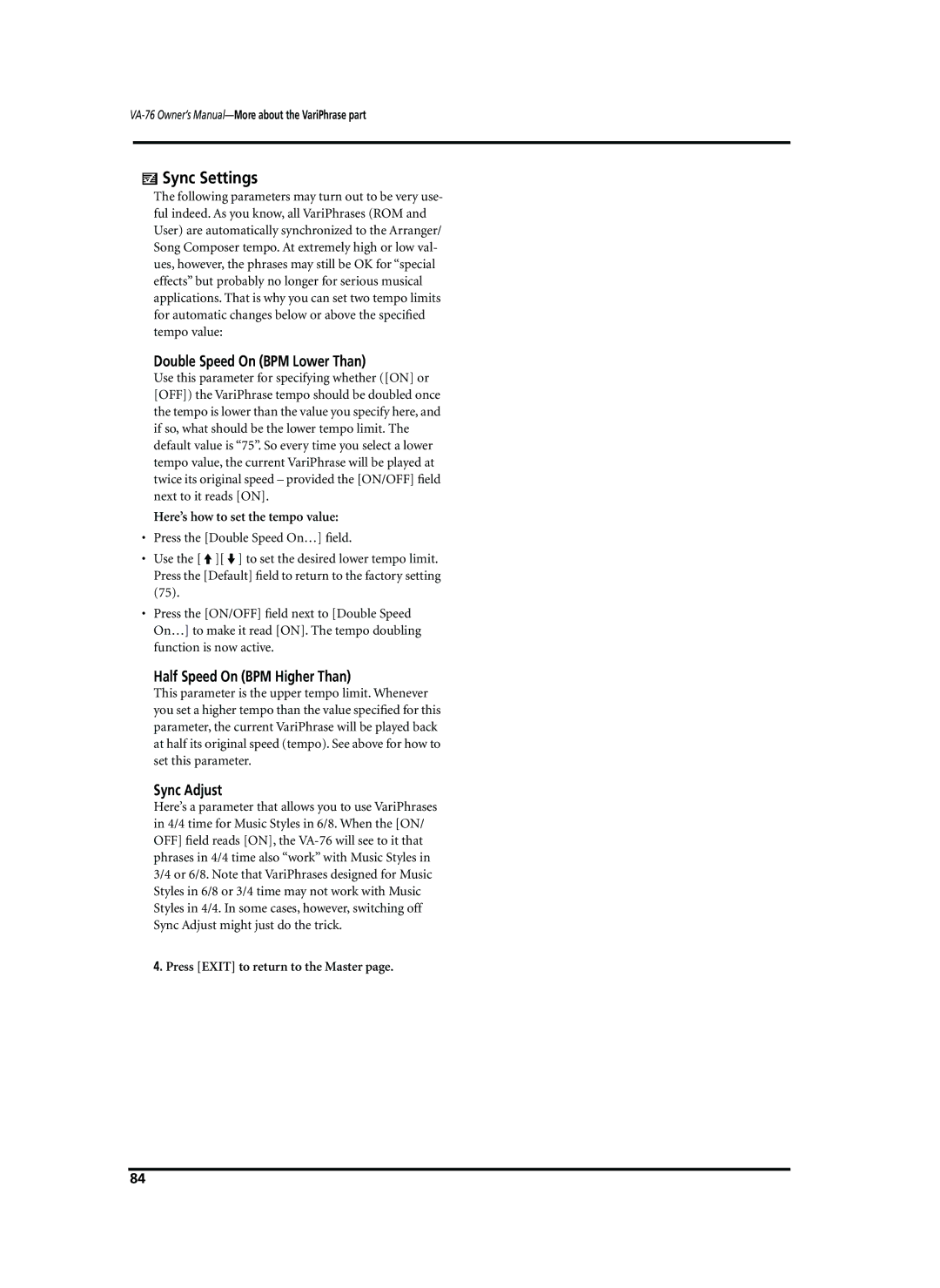 Roland VA-76 owner manual Sync Settings, Double Speed On BPM Lower Than, Half Speed On BPM Higher Than, Sync Adjust 