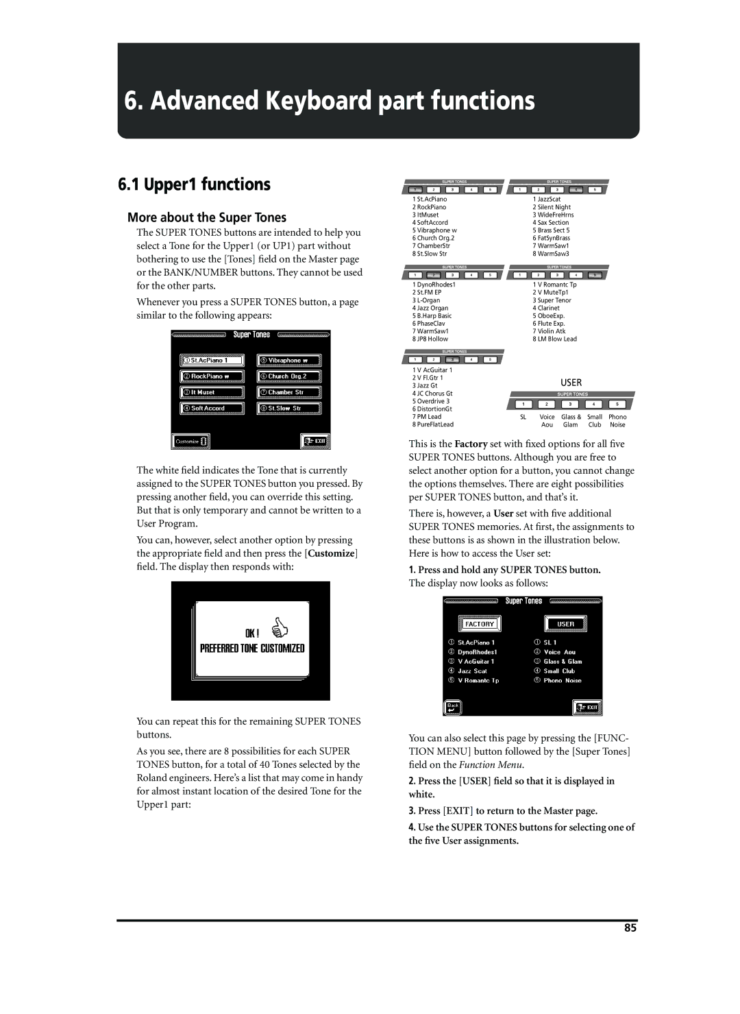 Roland VA-76 owner manual Upper1 functions, More about the Super Tones 