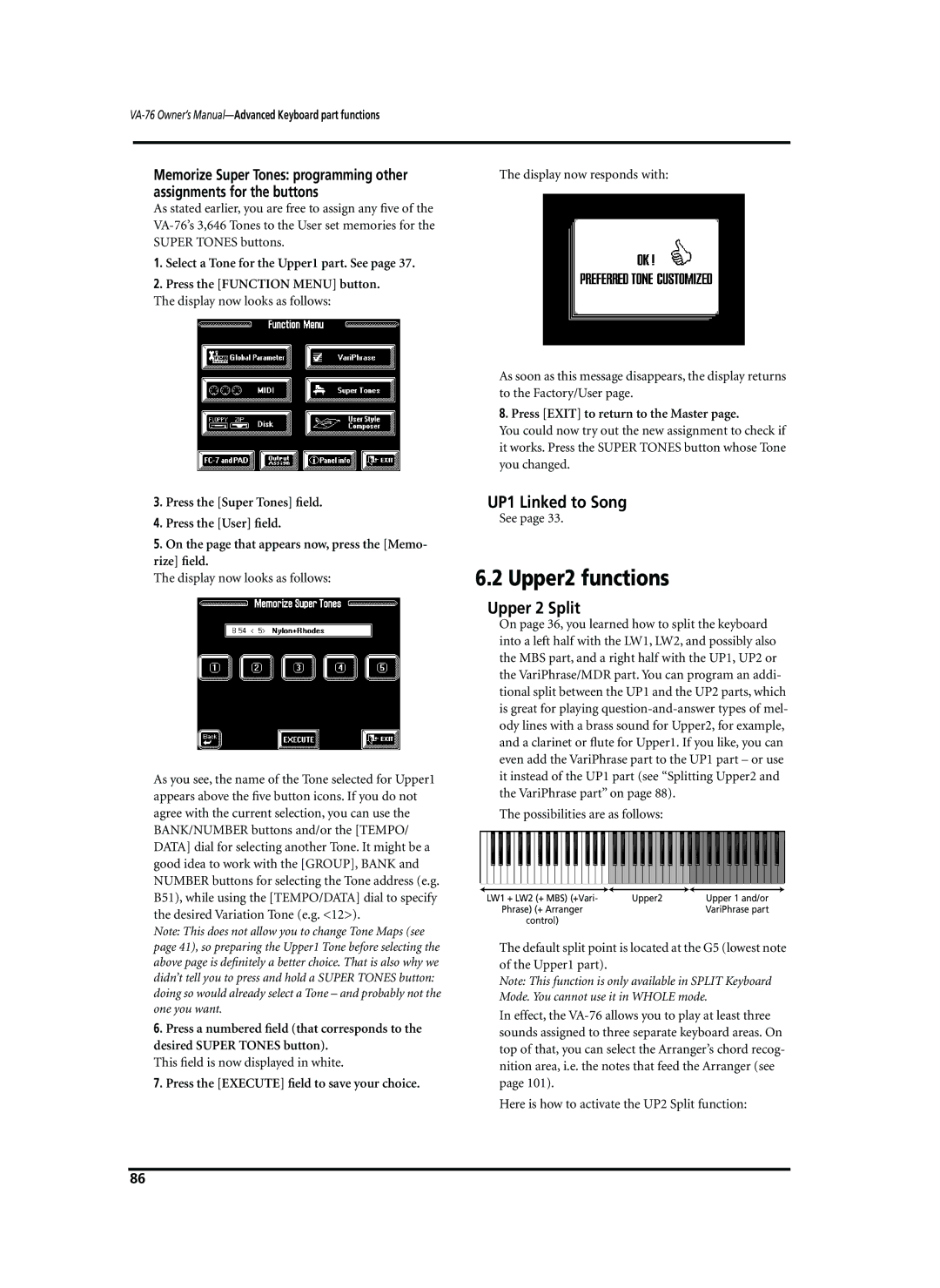 Roland VA-76 owner manual Upper2 functions, UP1 Linked to Song, Upper 2 Split, Press the Execute ﬁeld to save your choice 