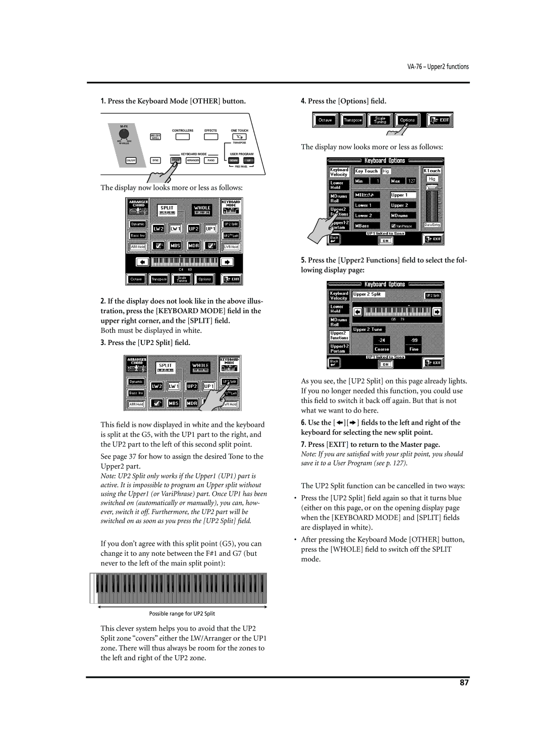 Roland VA-76 owner manual Both must be displayed in white, Press the UP2 Split ﬁeld, Press the Options ﬁeld 