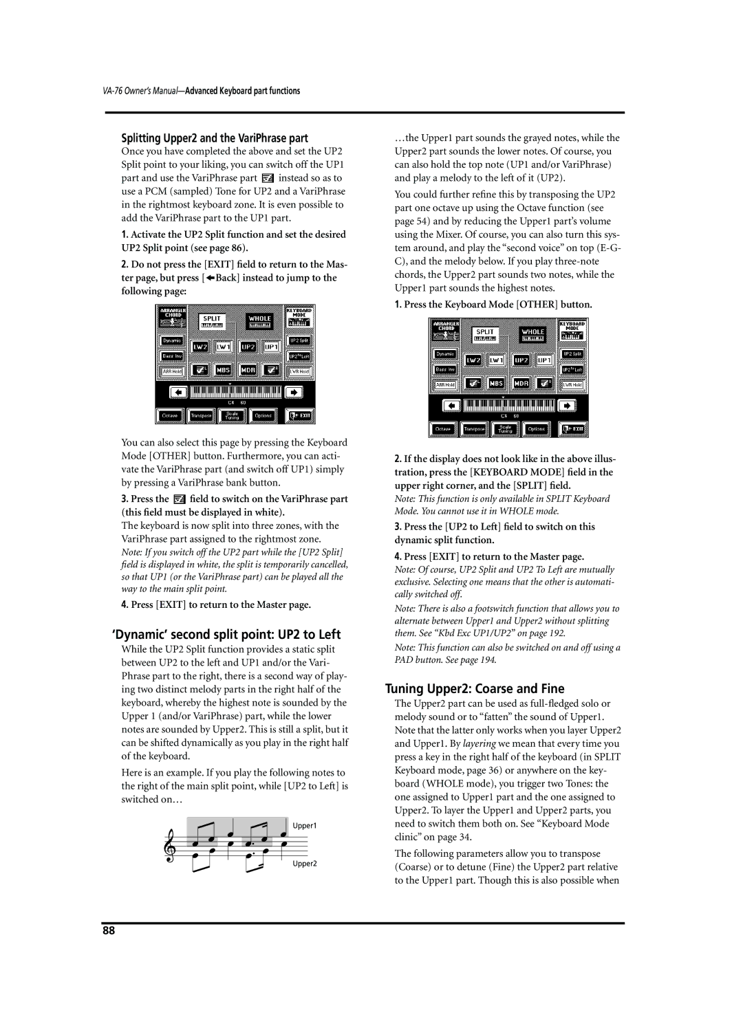 Roland VA-76 owner manual ‘Dynamic’ second split point UP2 to Left, Tuning Upper2 Coarse and Fine 