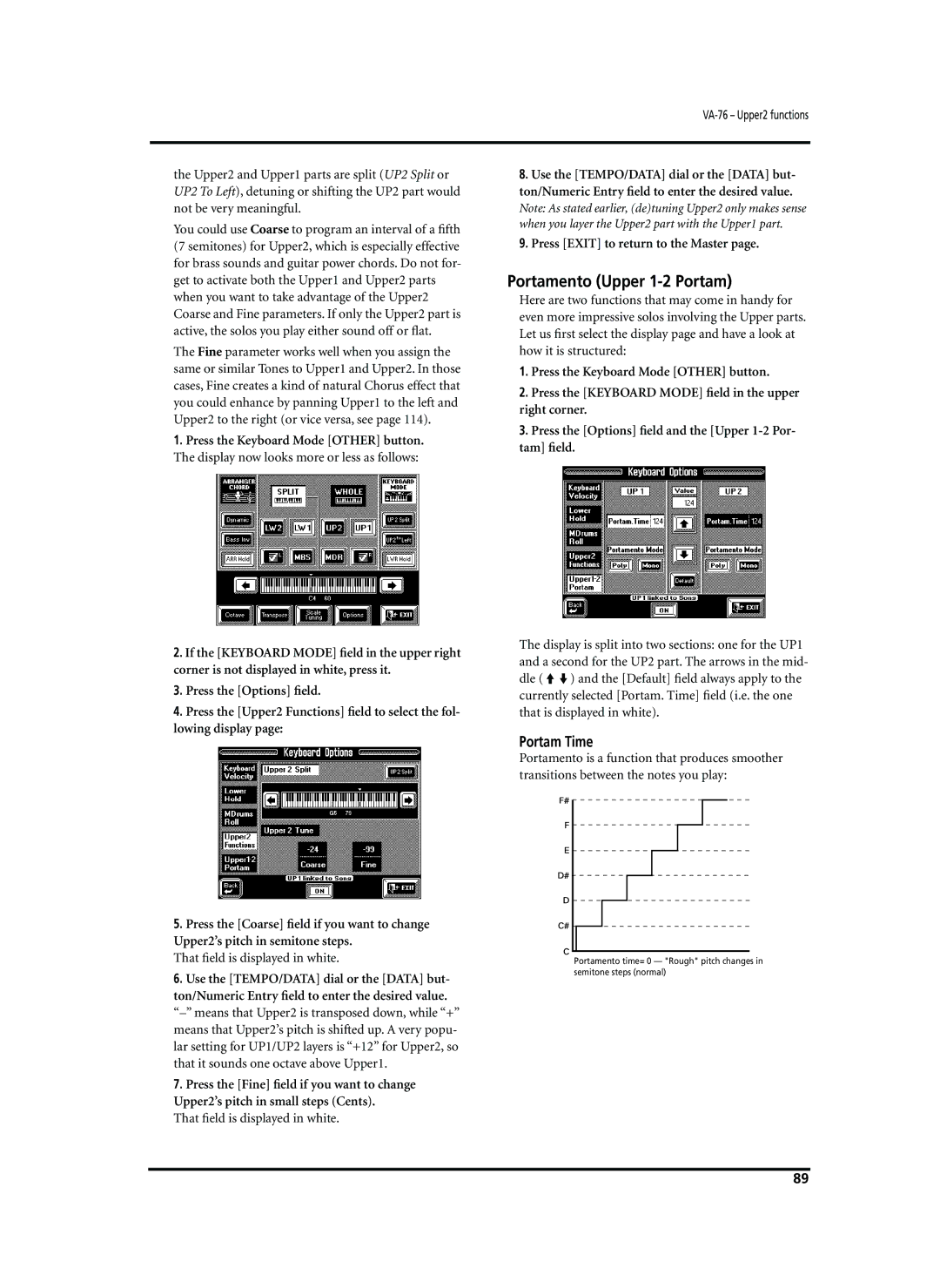 Roland VA-76 owner manual Portamento Upper 1-2 Portam, Portam Time, That ﬁeld is displayed in white 