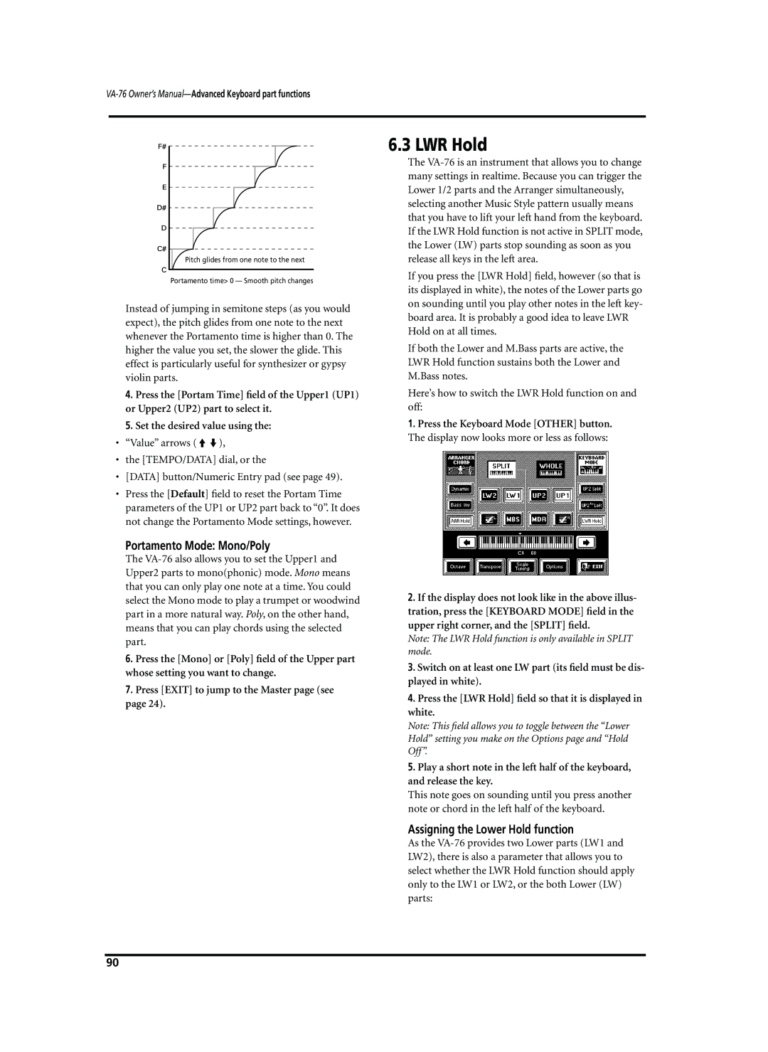 Roland VA-76 owner manual LWR Hold, Portamento Mode Mono/Poly, Assigning the Lower Hold function 