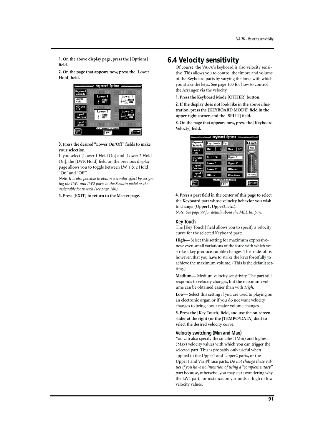 Roland VA-76 owner manual Velocity sensitivity, Key Touch, Velocity switching Min and Max 