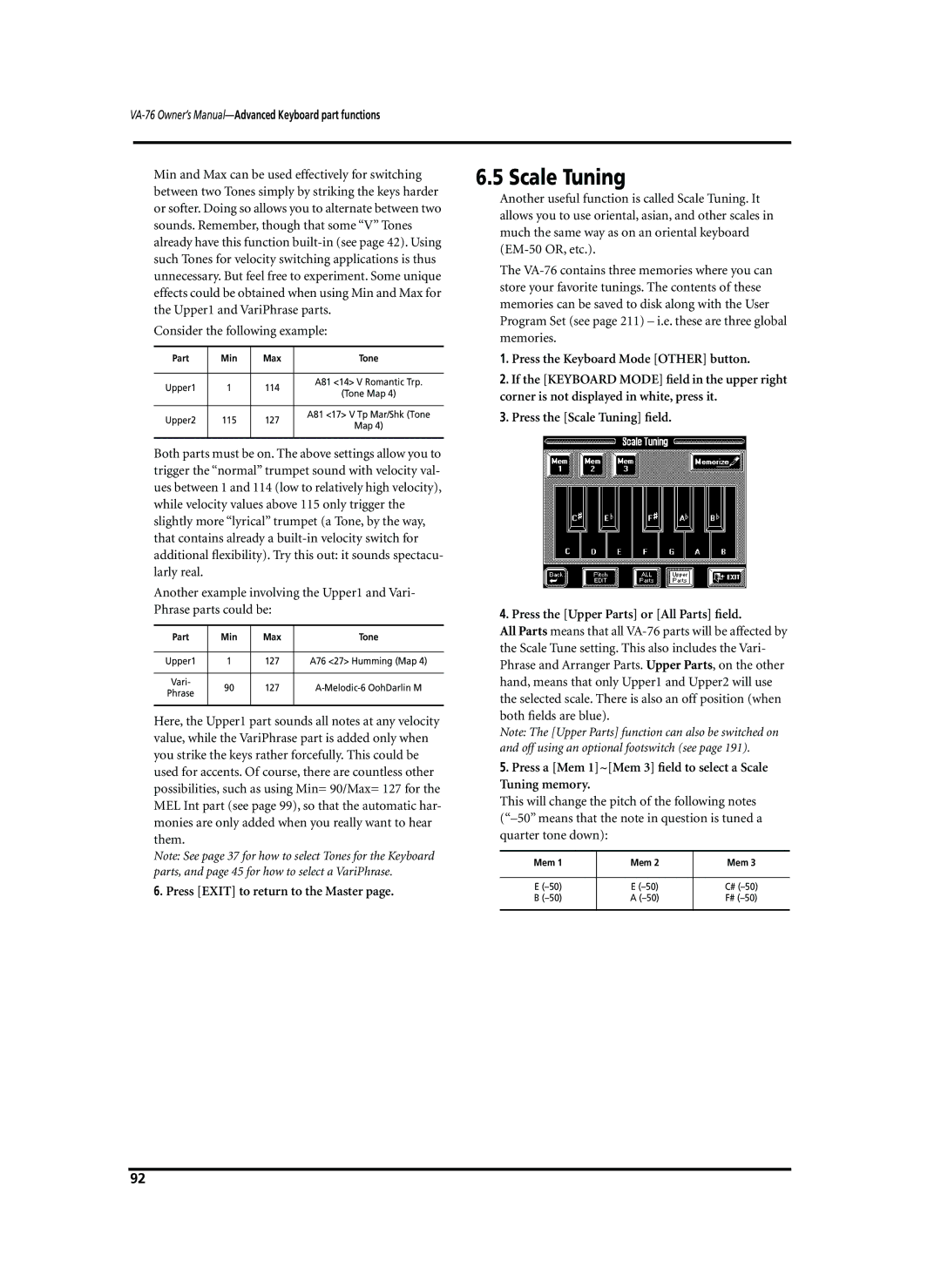 Roland VA-76 owner manual Consider the following example, Press a Mem 1~Mem 3 ﬁeld to select a Scale Tuning memory 