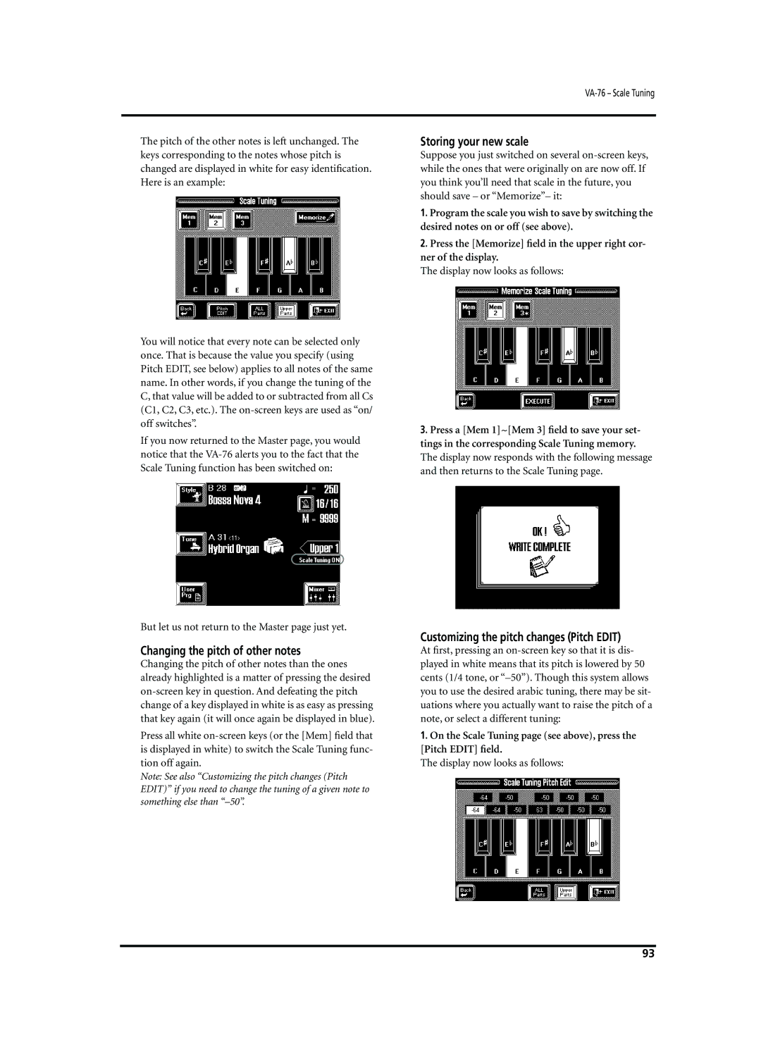 Roland VA-76 Changing the pitch of other notes, Storing your new scale, Customizing the pitch changes Pitch Edit 