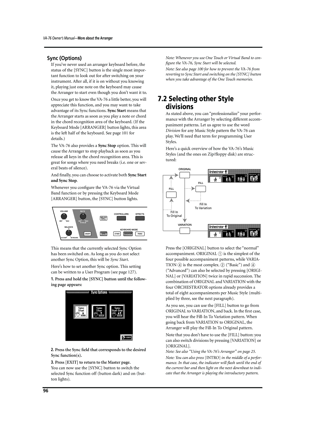 Roland VA-76 owner manual Selecting other Style divisions, Sync Options, Sync Stop 