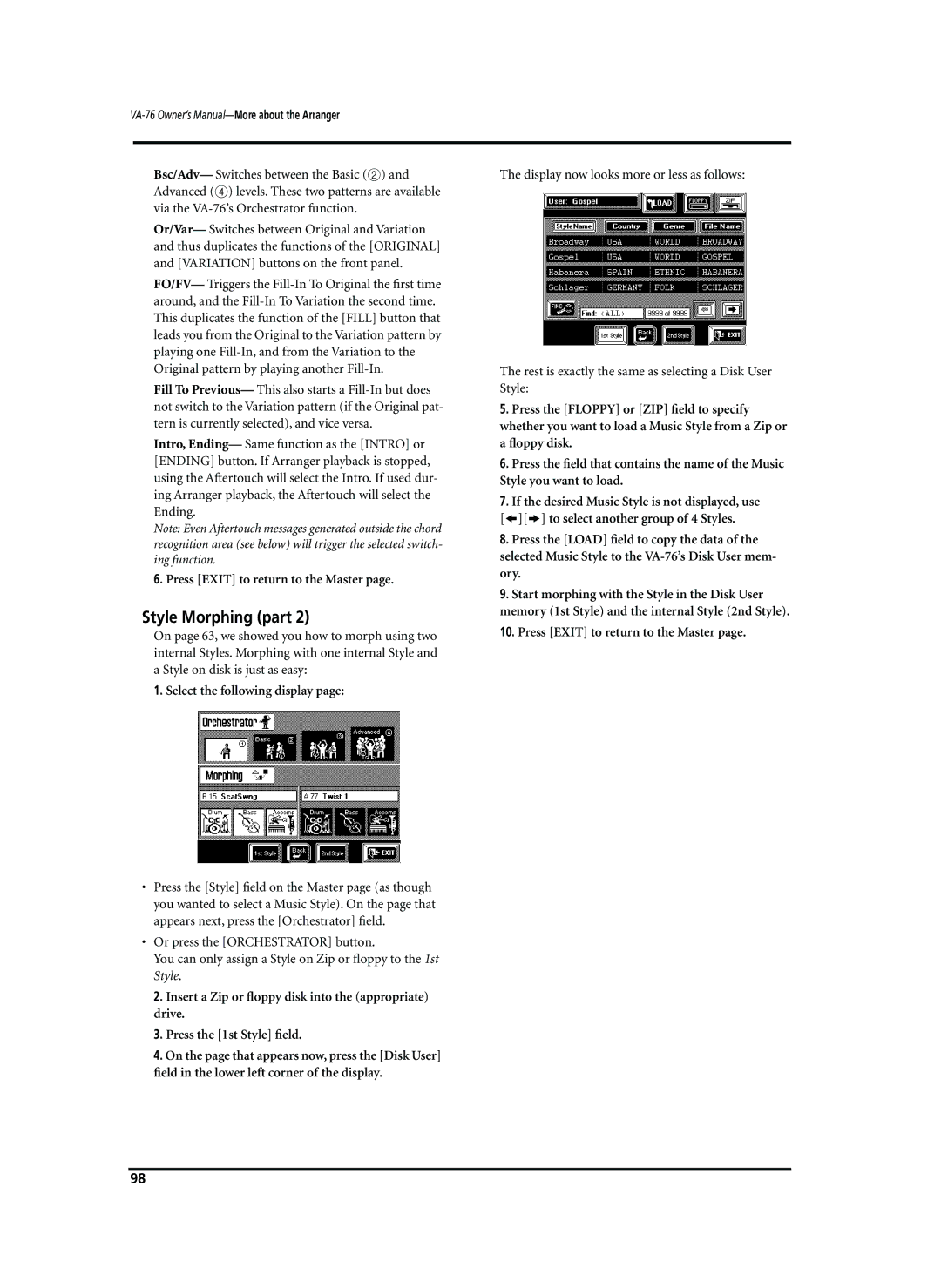 Roland VA-76 owner manual Style Morphing part, Select the following display 