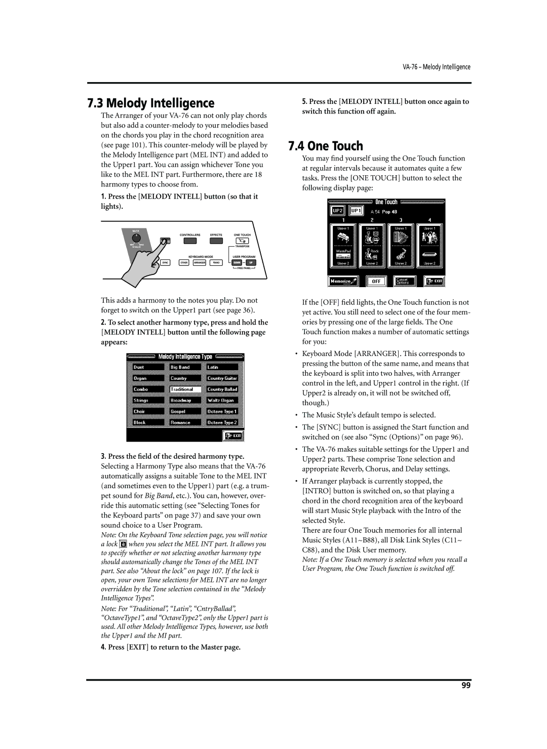 Roland VA-76 owner manual Melody Intelligence, One Touch, Press the Melody Intell button so that it lights 