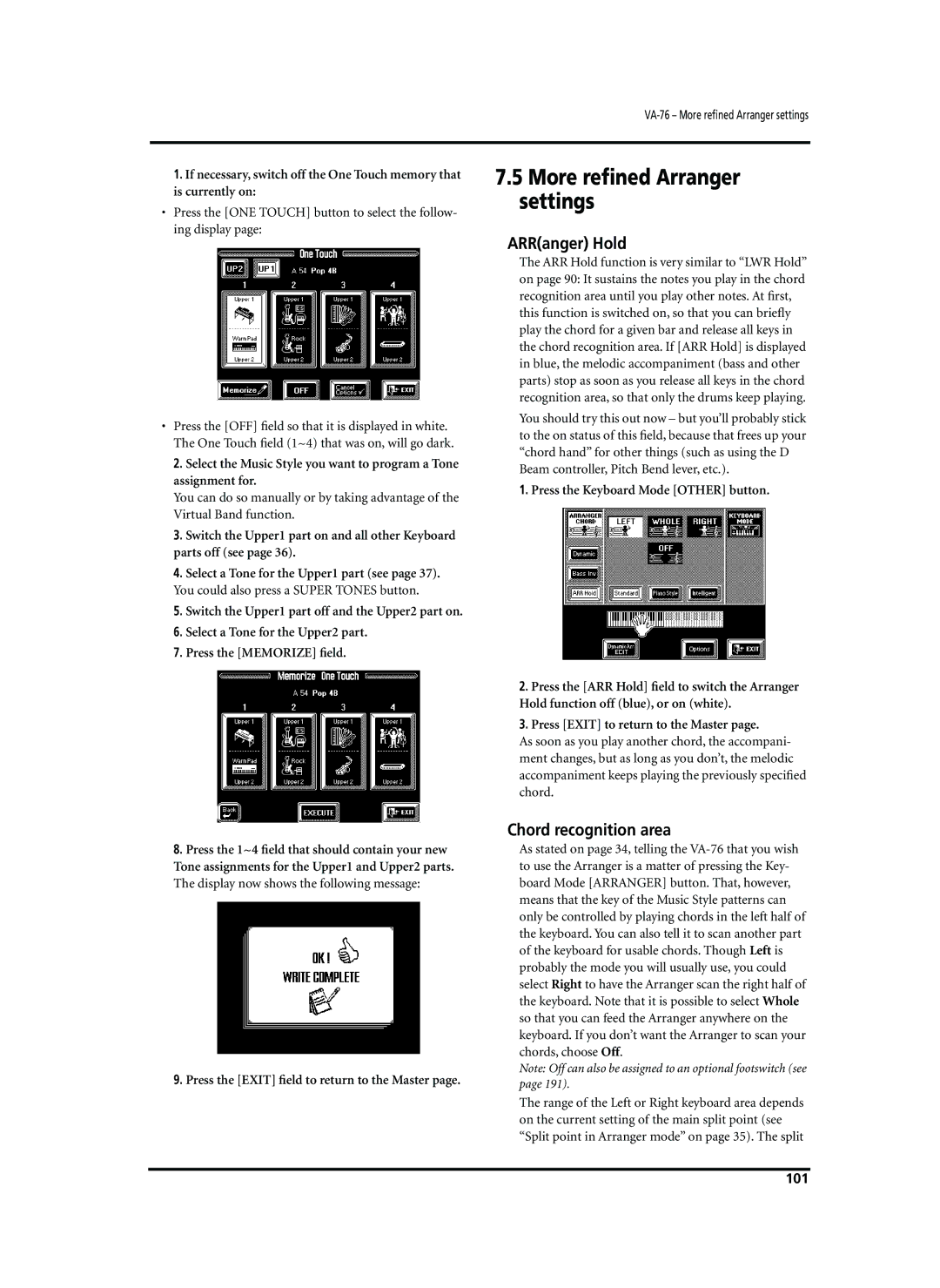 Roland VA-76 owner manual More reﬁned Arranger settings, ARRanger Hold, Chord recognition area, 101 