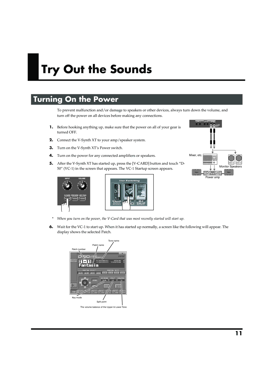 Roland VC-1 D-50 owner manual Try Out the Sounds, Turning On the Power 