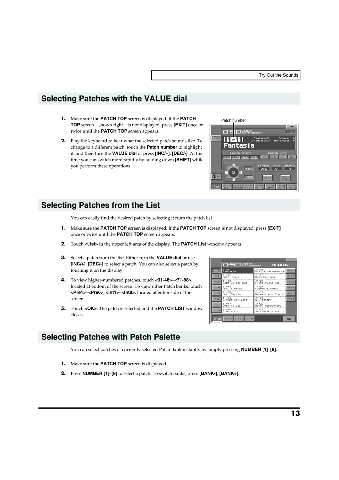 Roland VC-1 D-50 owner manual Selecting Patches with the Value dial, Selecting Patches from the List 