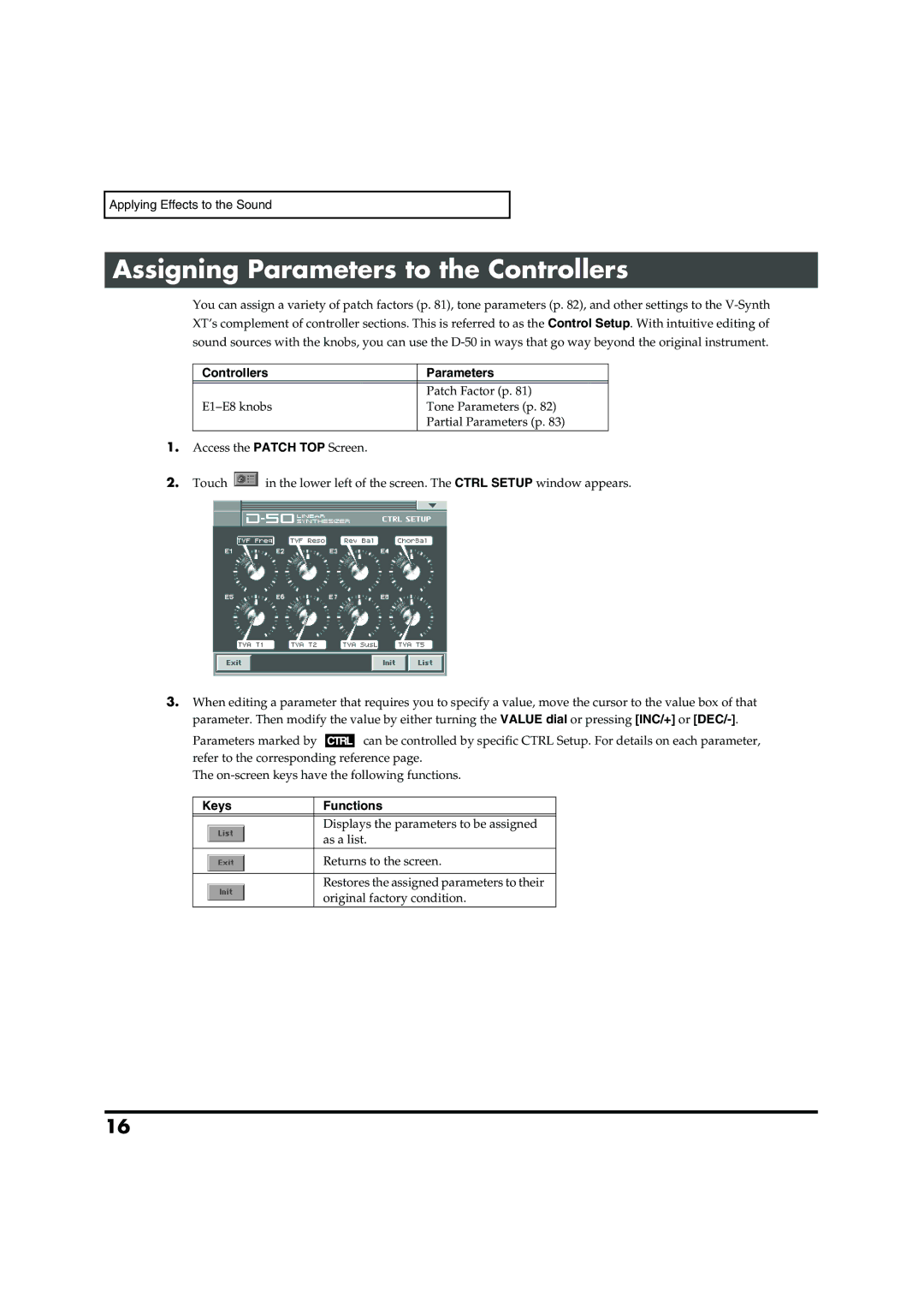 Roland VC-1 D-50 owner manual Assigning Parameters to the Controllers, Controllers Parameters, Keys Functions 