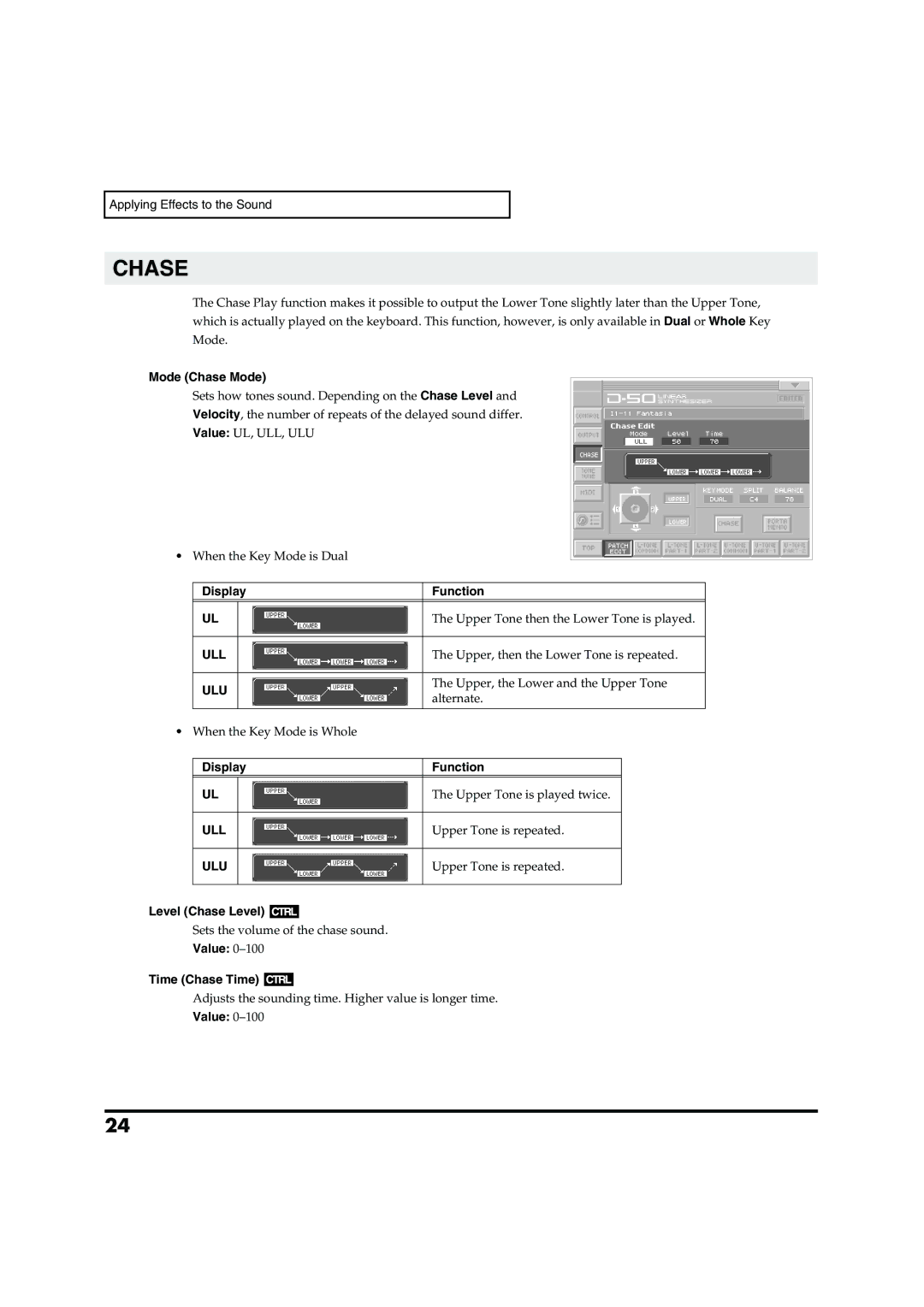 Roland VC-1 D-50 owner manual Mode Chase Mode, Ull Ulu, Level Chase Level, Value Time Chase Time 