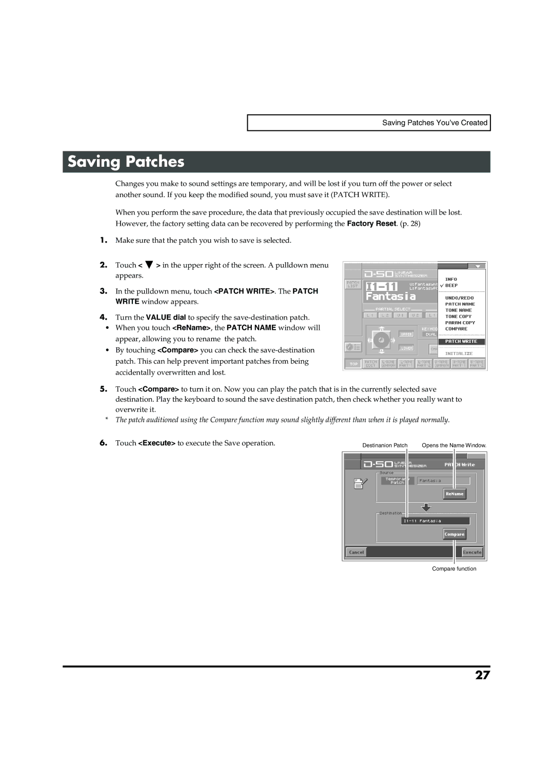 Roland VC-1 D-50 owner manual Saving Patches 