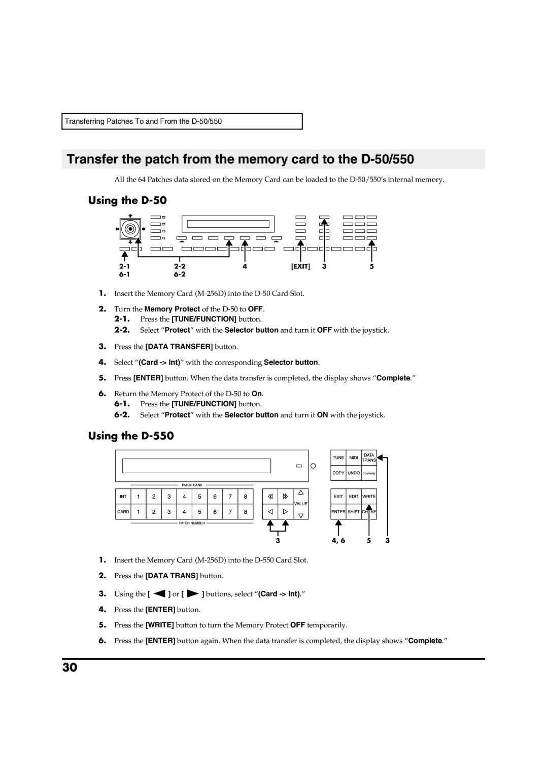 Roland VC-1 D-50 owner manual Transfer the patch from the memory card to the D-50/550, Using the D-50, Using the D-550 