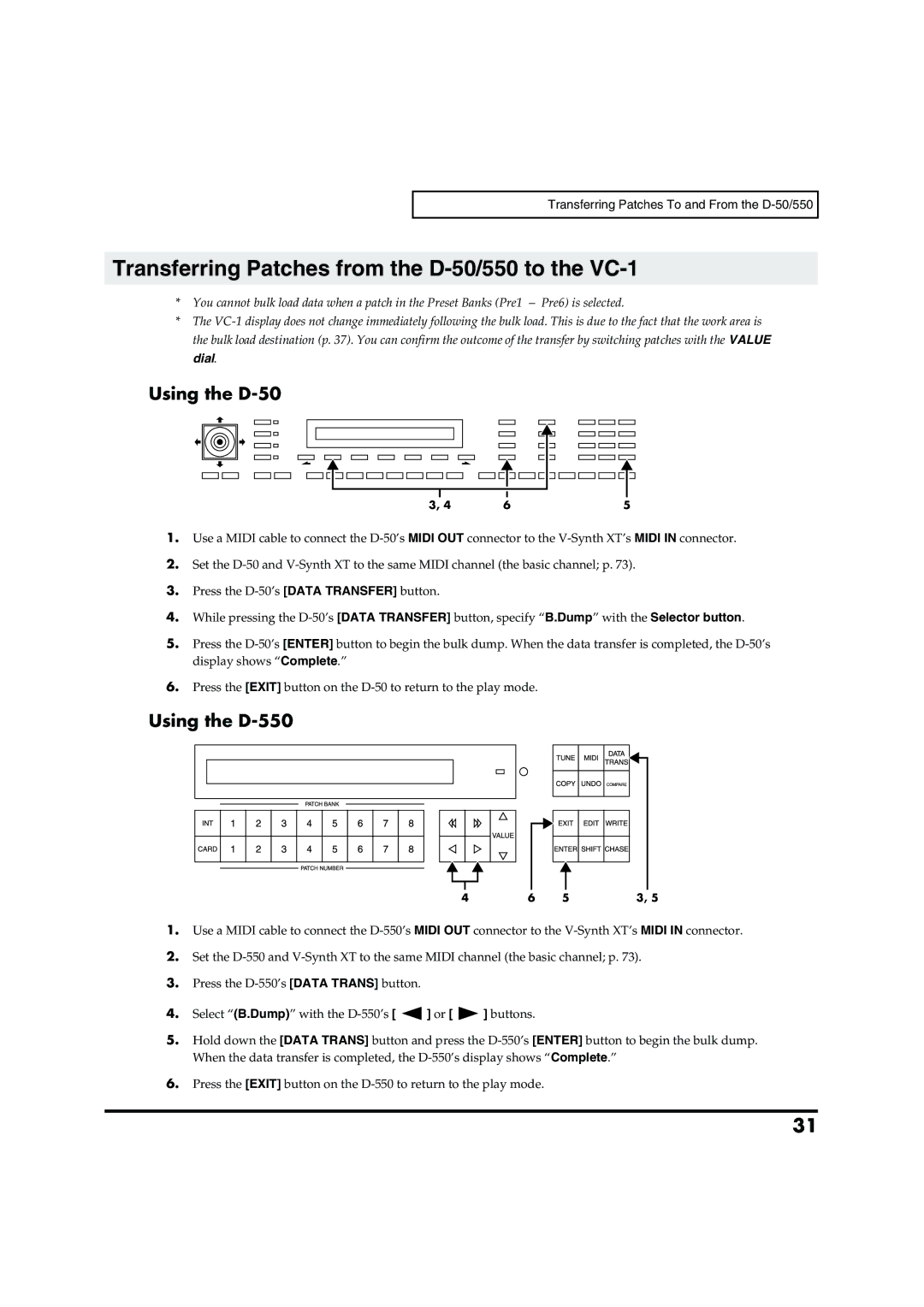 Roland VC-1 D-50 owner manual Transferring Patches from the D-50/550 to the VC-1 