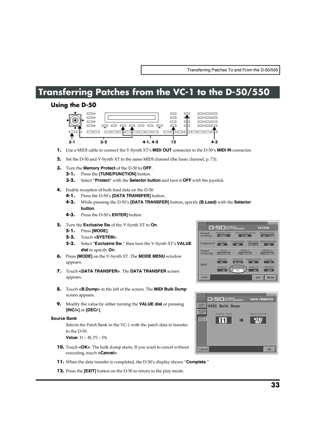 Roland VC-1 D-50 owner manual Transferring Patches from the VC-1 to the D-50/550, Touch System, INC/+ or DEC Source Bank 