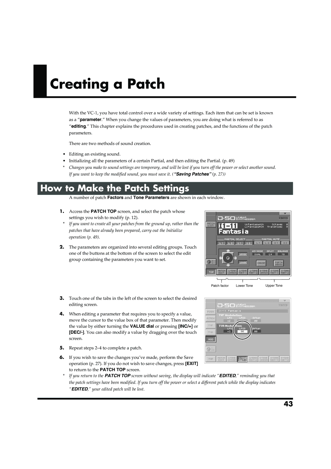 Roland VC-1 D-50 owner manual Creating a Patch, How to Make the Patch Settings 