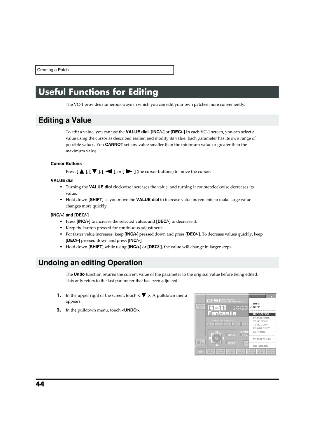 Roland VC-1 D-50 owner manual Useful Functions for Editing, Editing a Value, Undoing an editing Operation, Cursor Buttons 