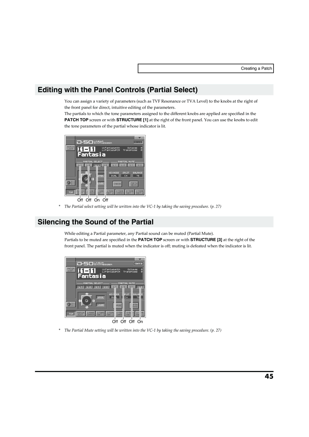 Roland VC-1 D-50 owner manual Editing with the Panel Controls Partial Select, Silencing the Sound of the Partial 