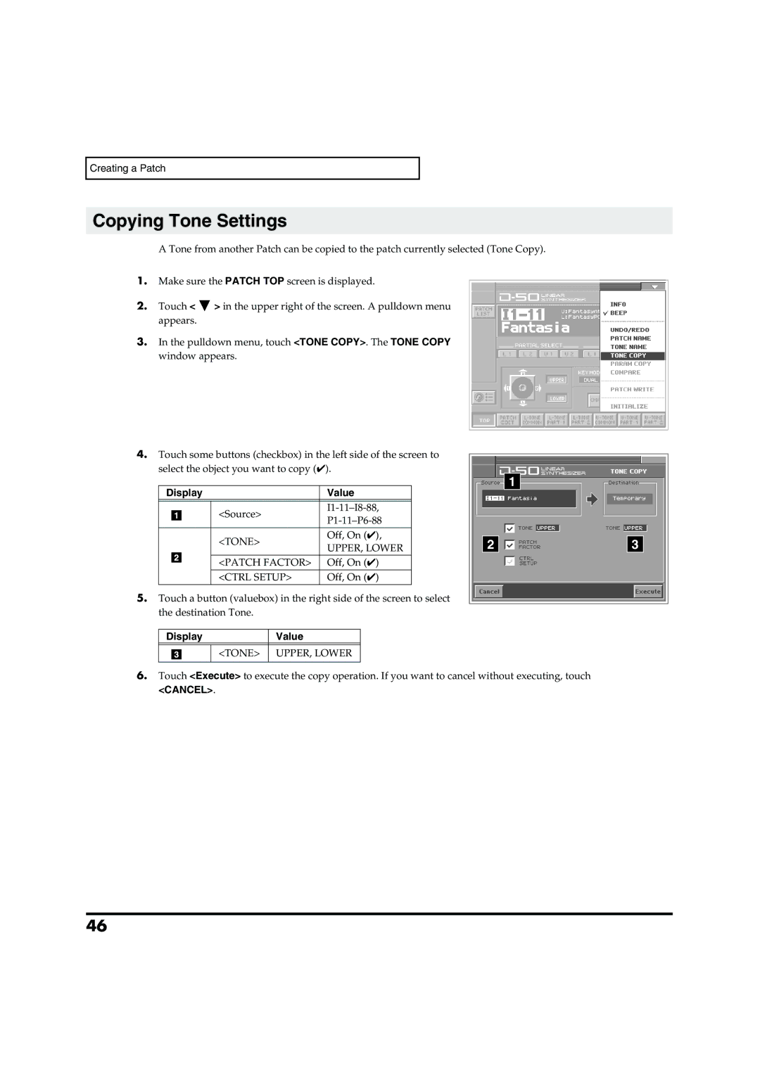 Roland VC-1 D-50 owner manual Copying Tone Settings, Display Value, Cancel 