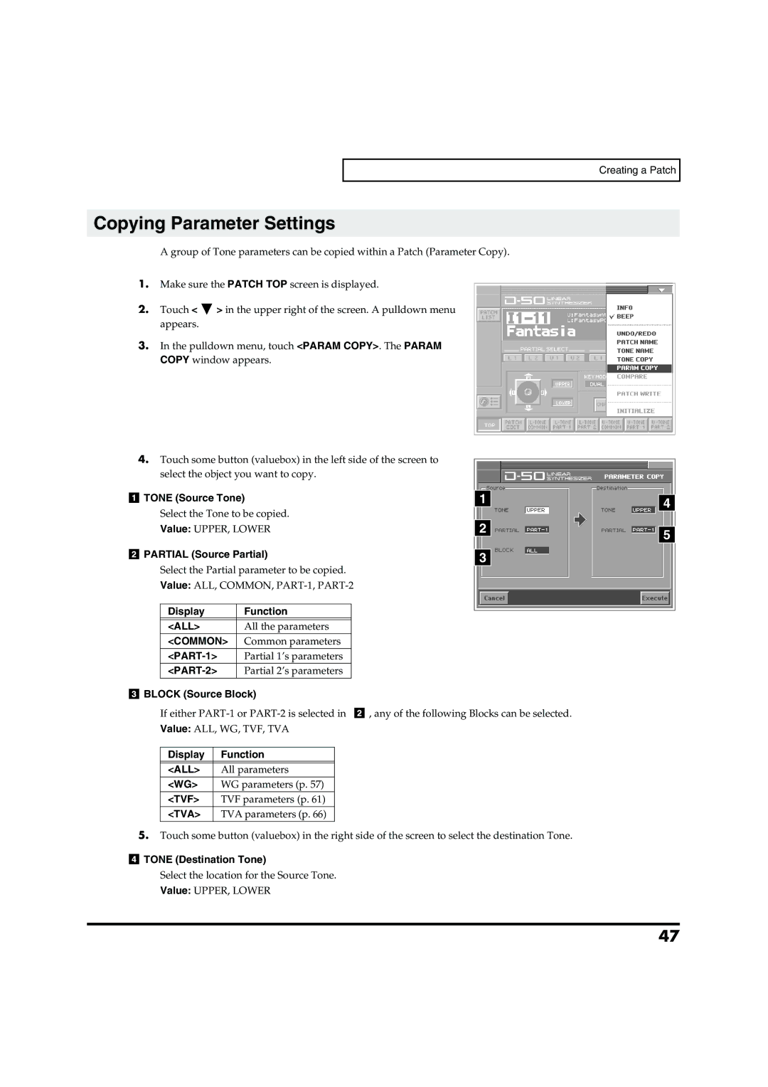 Roland VC-1 D-50 owner manual Copying Parameter Settings, All, Common, Tvf, Tva 