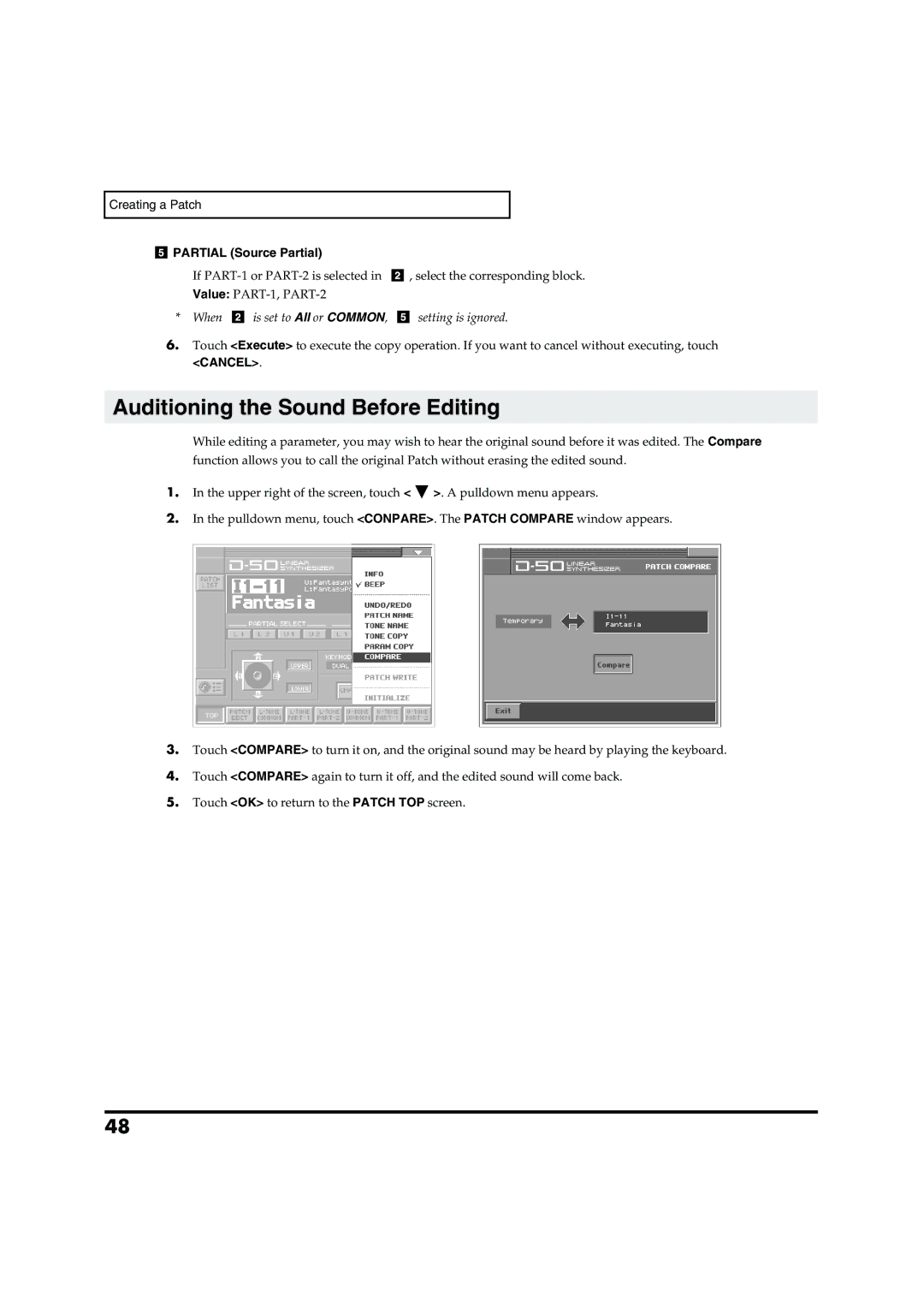 Roland VC-1 D-50 owner manual Auditioning the Sound Before Editing, When Is set to All or Common Setting is ignored 