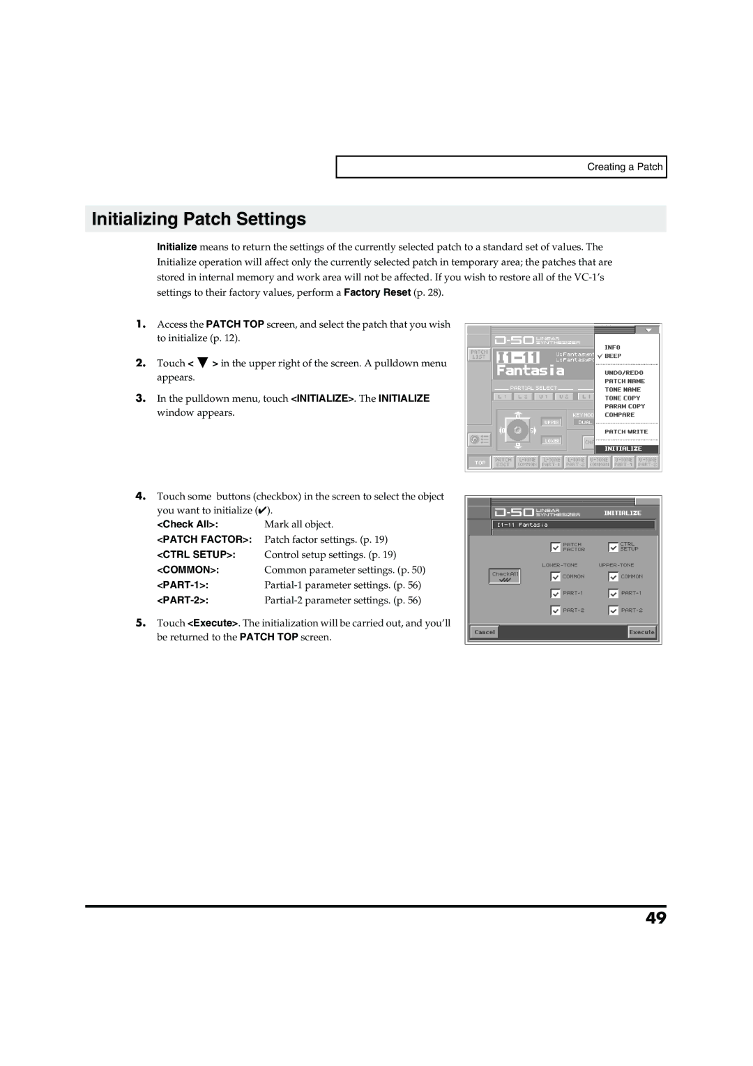 Roland VC-1 D-50 owner manual Initializing Patch Settings, Check All, Patch Factor, Ctrl Setup 