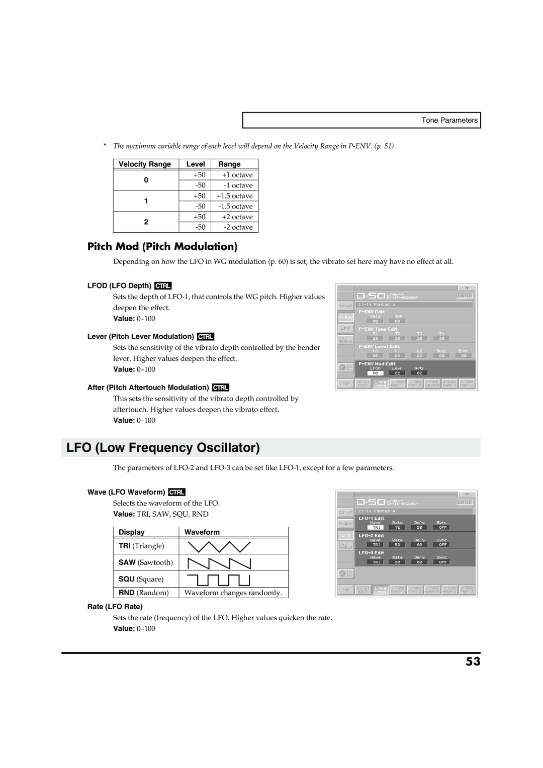 Roland VC-1 D-50 owner manual LFO Low Frequency Oscillator, Pitch Mod Pitch Modulation 