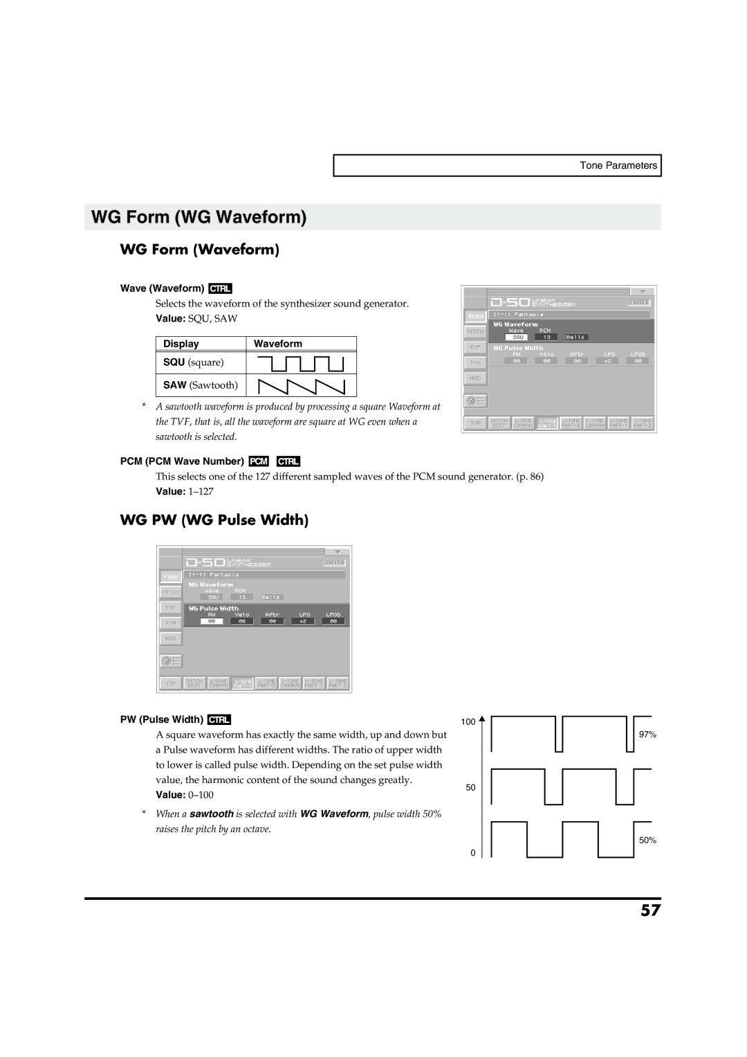 Roland VC-1 D-50 WG Form WG Waveform, WG Form Waveform, WG PW WG Pulse Width, Wave Waveform, PCM PCM Wave Number 