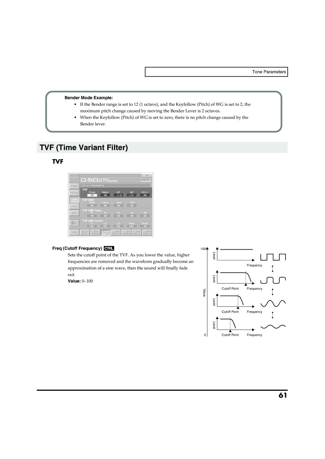 Roland VC-1 D-50 owner manual TVF Time Variant Filter, Bender Mode Example, Freq Cutoff Frequency 