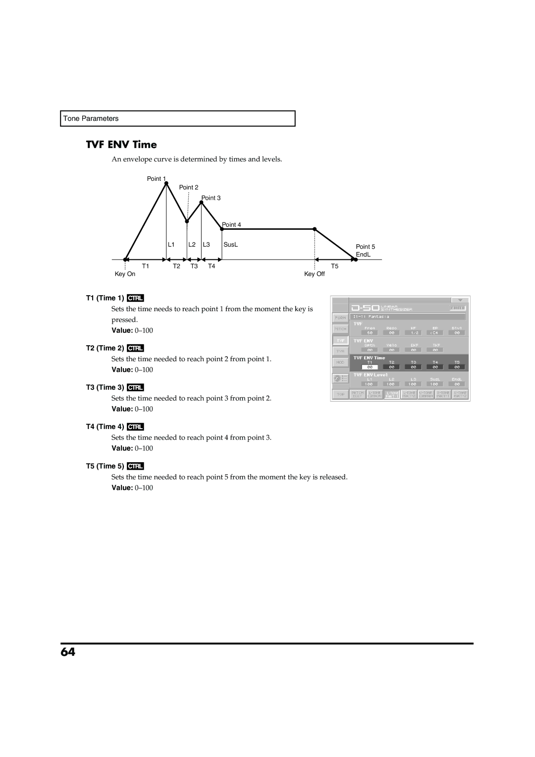 Roland VC-1 D-50 owner manual TVF ENV Time, Value T5 Time 