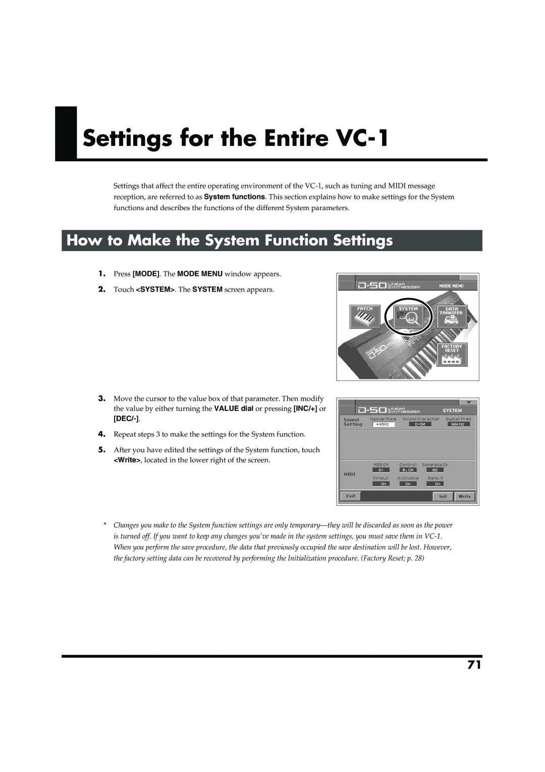 Roland VC-1 D-50 owner manual Settings for the Entire VC-1, How to Make the System Function Settings, Dec 