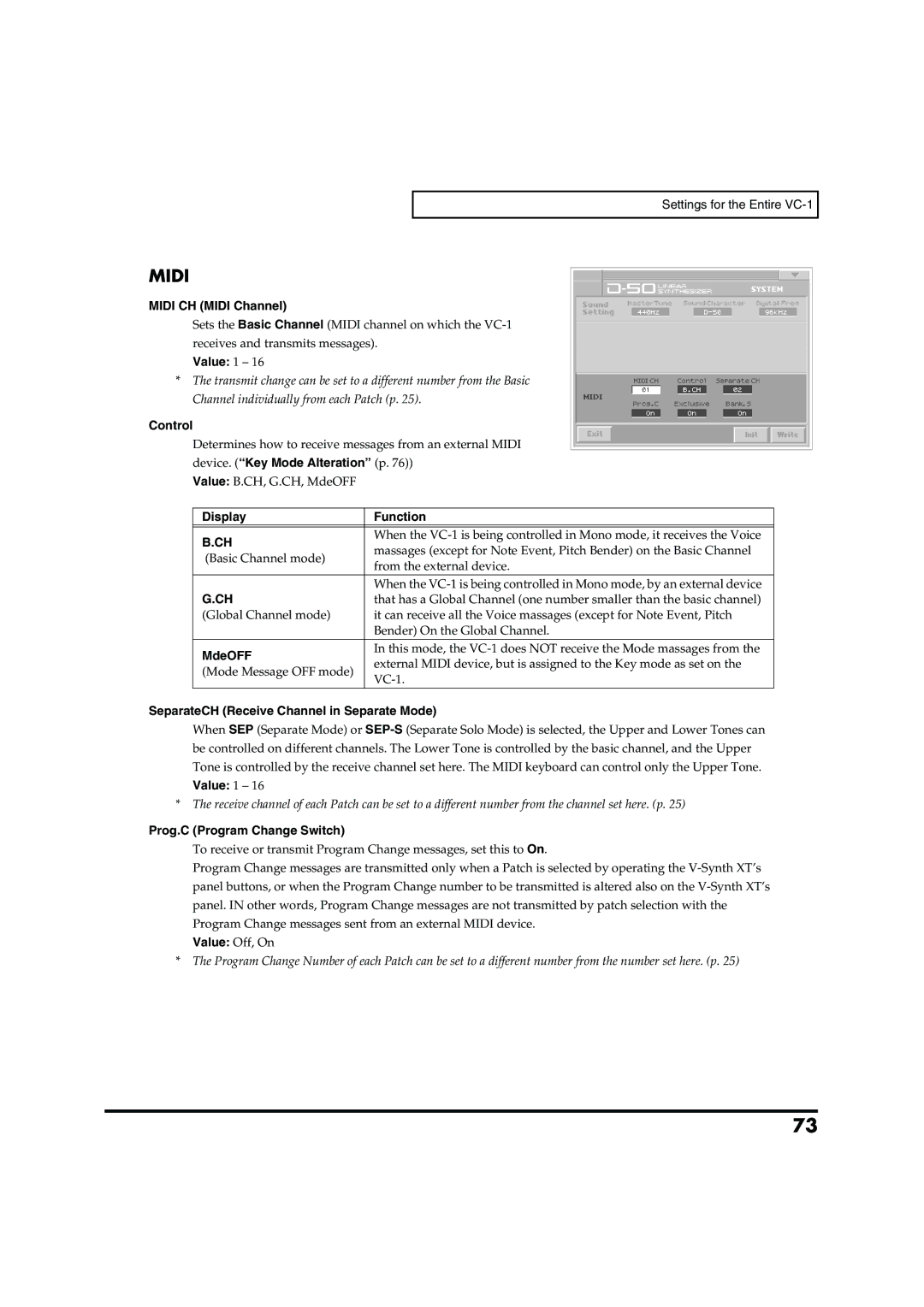Roland VC-1 D-50 owner manual Midi CH Midi Channel, Value 1, Control, MdeOFF, SeparateCH Receive Channel in Separate Mode 