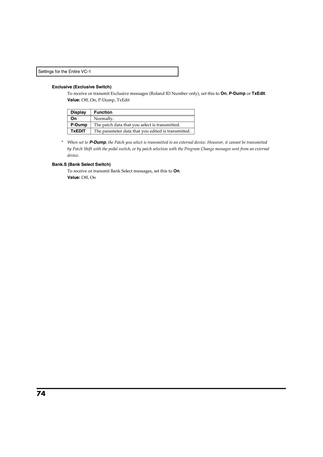 Roland VC-1 D-50 owner manual Exclusive Exclusive Switch, Dump, TxEDIT, Bank.S Bank Select Switch 